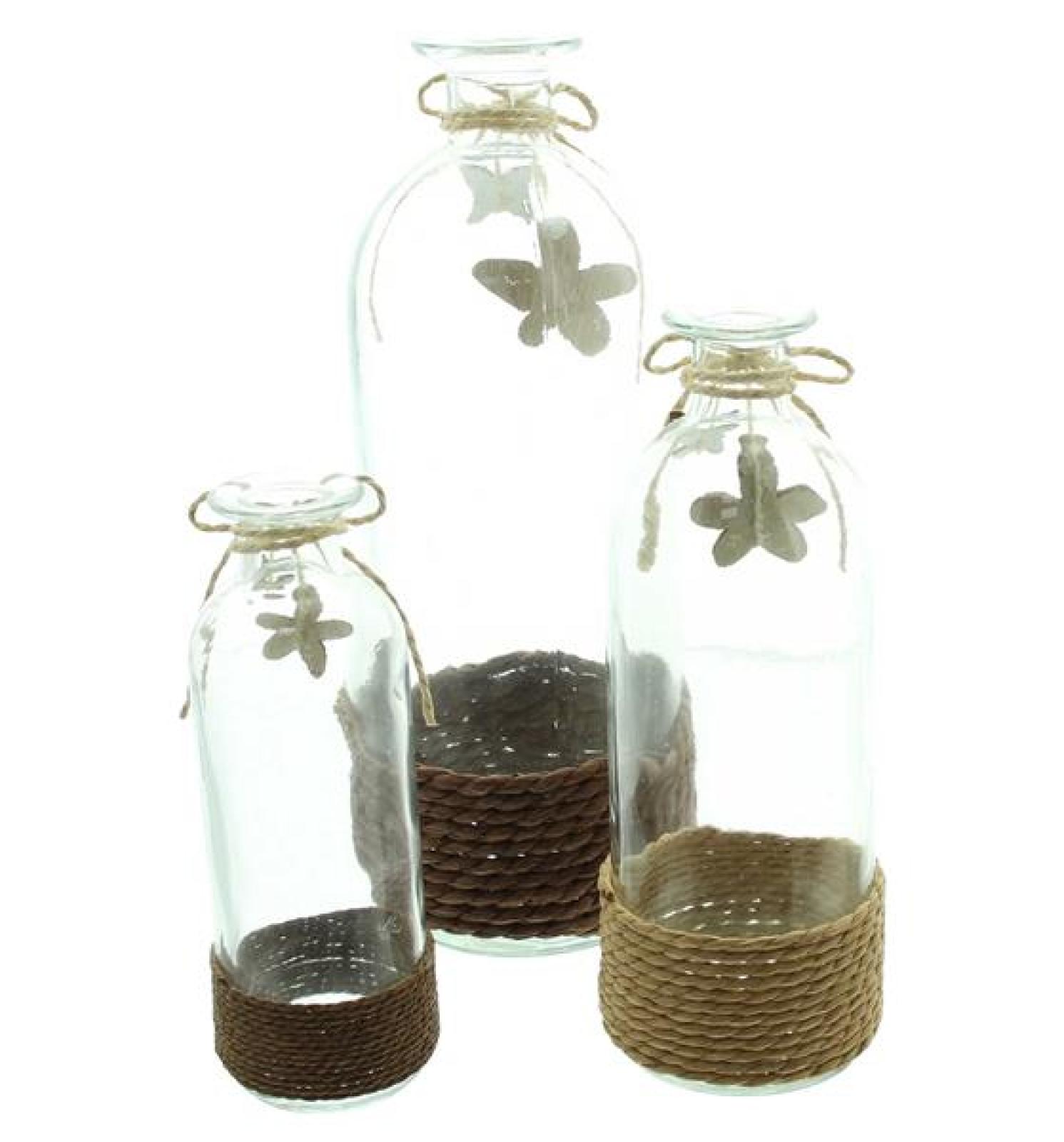 3x Vase "Blume & Schmetterling" aus Glas in Flaschenform, Blumenvase, Dekovase, Glasvase, Vasenset, Tischvase