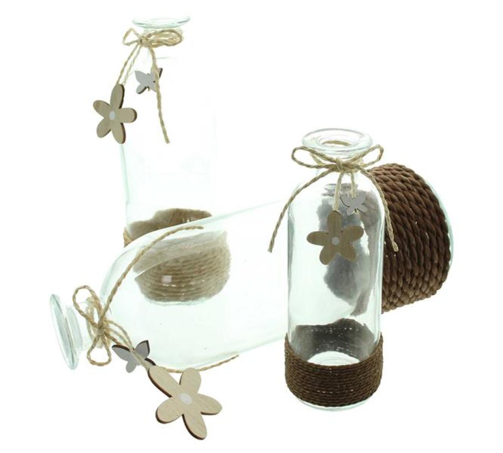 3x Vase "Blume & Schmetterling" aus Glas in Flaschenform, Blumenvase, Dekovase, Glasvase, Vasenset, Tischvase