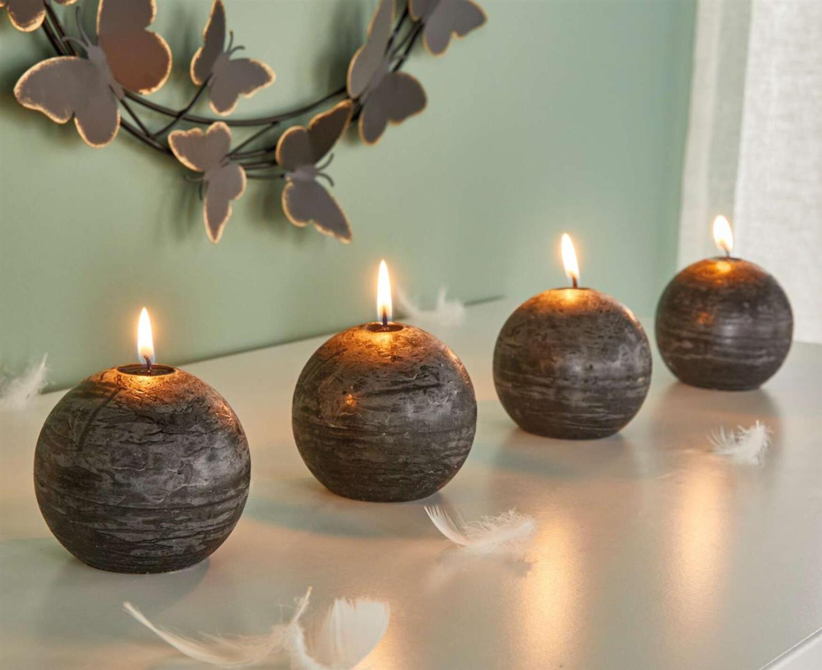 4x Kugelkerze "Black" in schwarz, Ø ca. 8 cm, schwarze Kerzen, Wachs, Wachskerzen, Brenndauer 24 Stunden