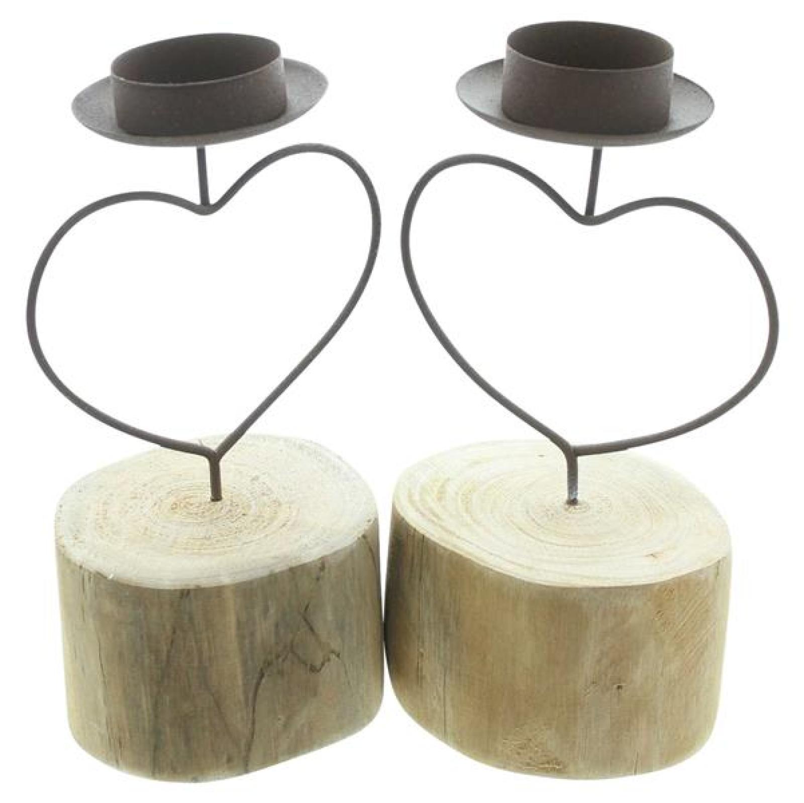 2x Teelichthalter „Herz“ aus Metall mit Rost Finish auf Baumscheibe, Kerzenständer mit Sockel aus Holz, Wohnzimmer & Balkon Deko