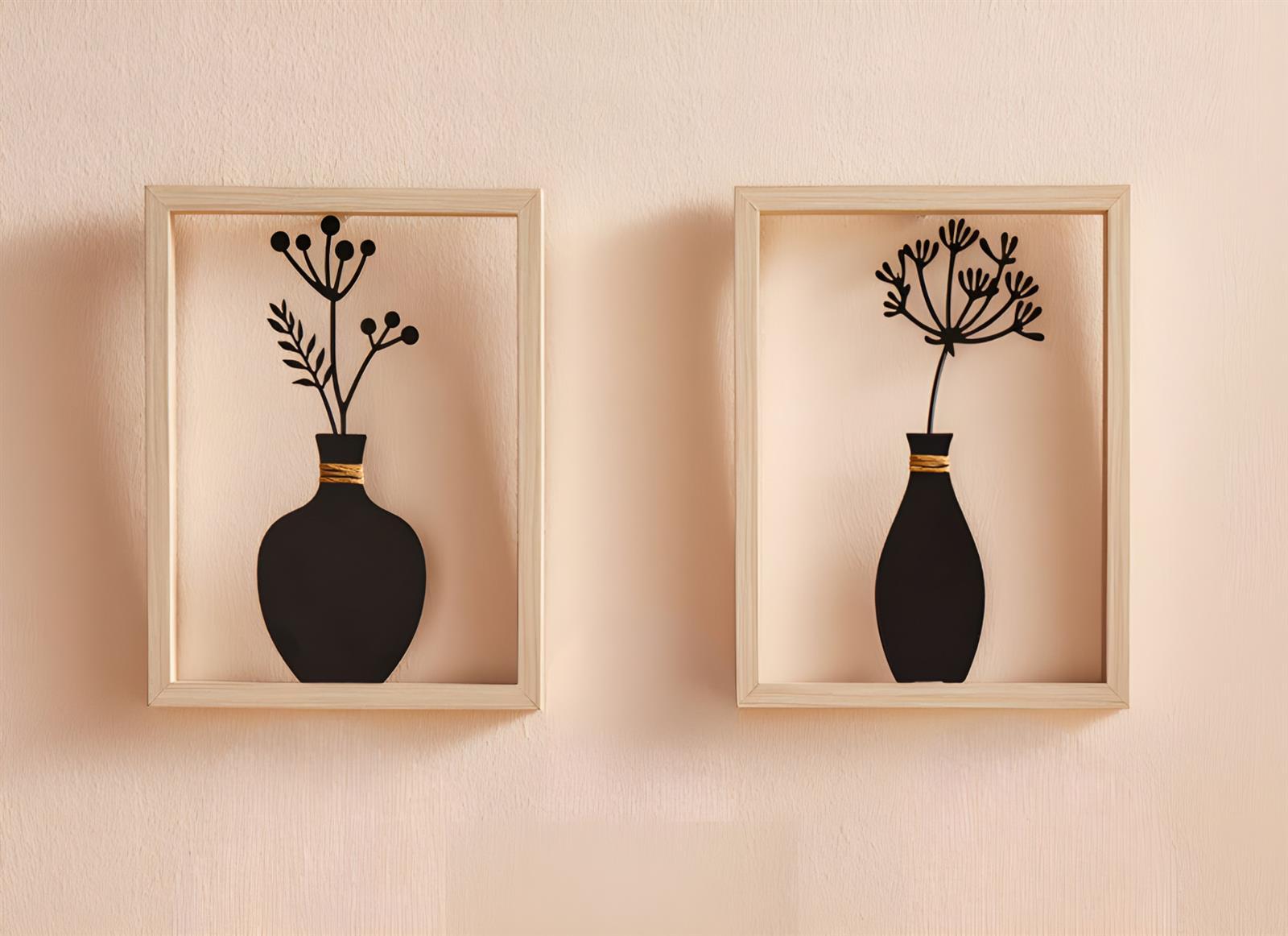 2x Wanddeko "Vase" aus Metall schwarz mit Holz Rahmen, natur, Metallbilder Wohnzimmer, Wandbilder
