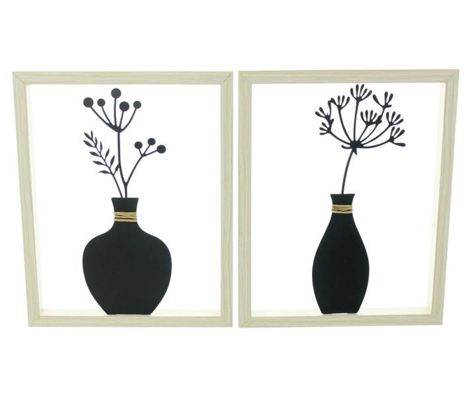 2x Wanddeko "Vase" aus Metall schwarz mit Holz Rahmen, natur, Metallbilder Wohnzimmer, Wandbilder