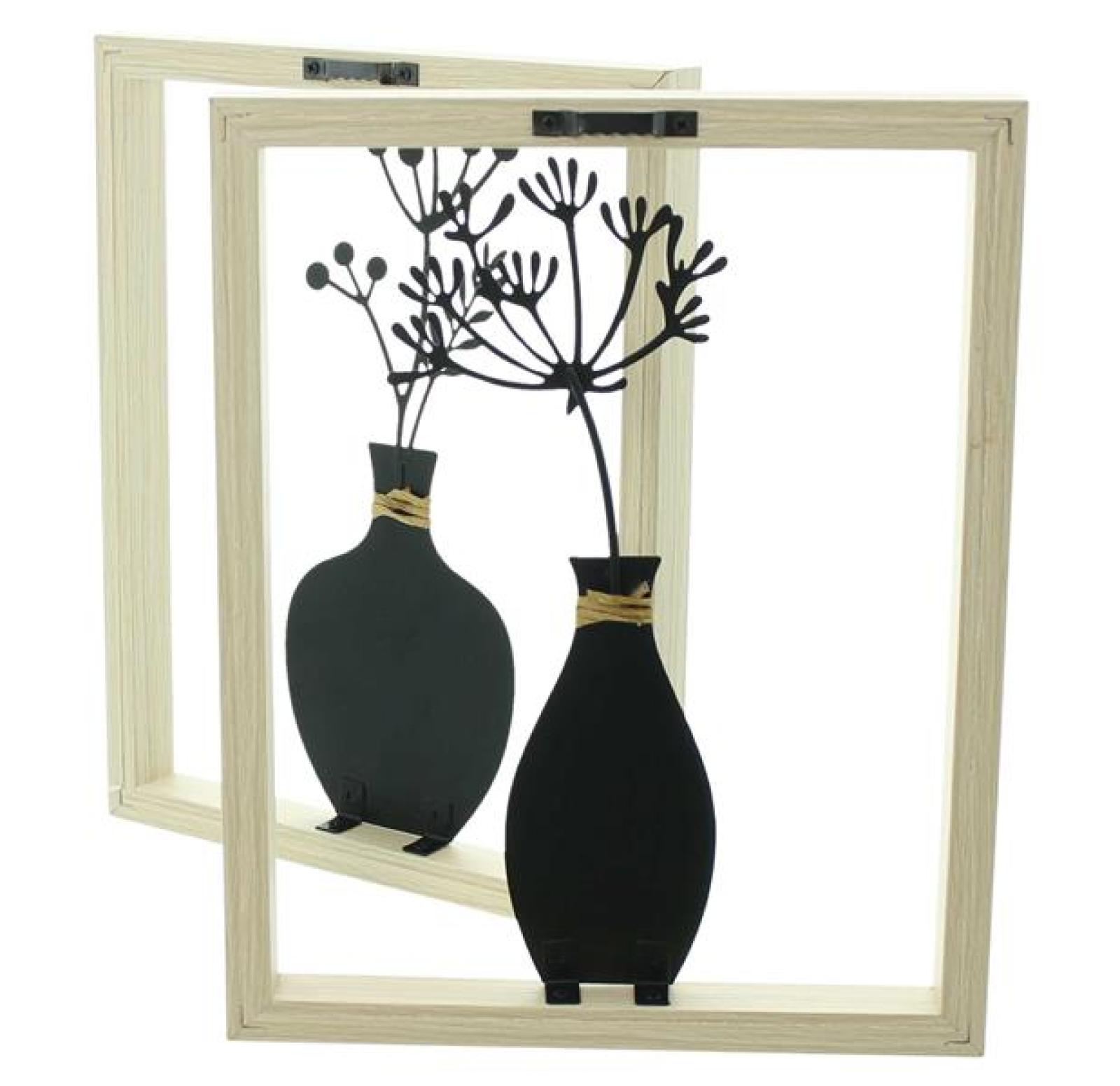 2x Wanddeko "Vase" aus Metall schwarz mit Holz Rahmen, natur, Metallbilder Wohnzimmer, Wandbilder