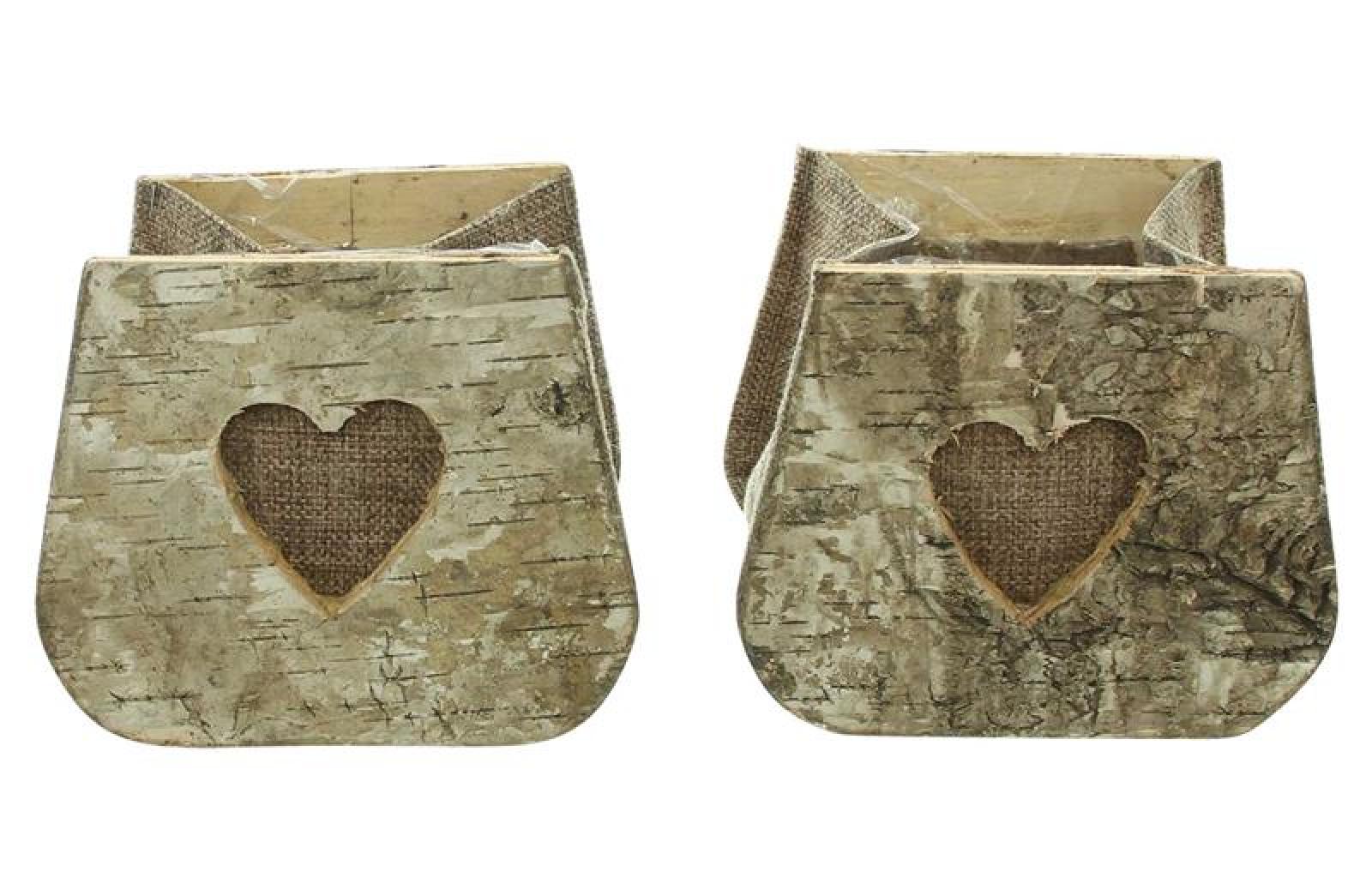 2x Pflanztasche "Herz" aus Birke & Stoff, Pflanzgefäße, Blumentopf aus Holz, Pflanztopf Set