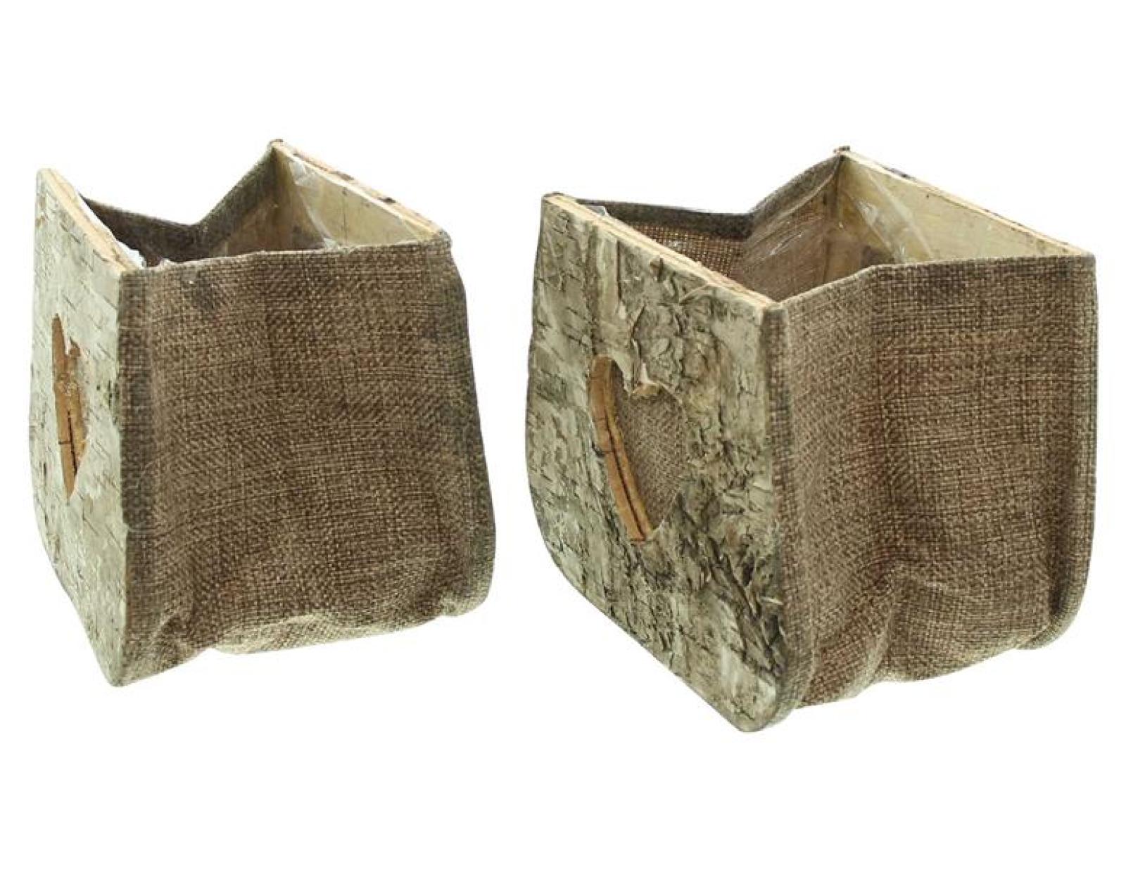 2x Pflanztasche "Herz" aus Birke & Stoff, Pflanzgefäße, Blumentopf aus Holz, Pflanztopf Set