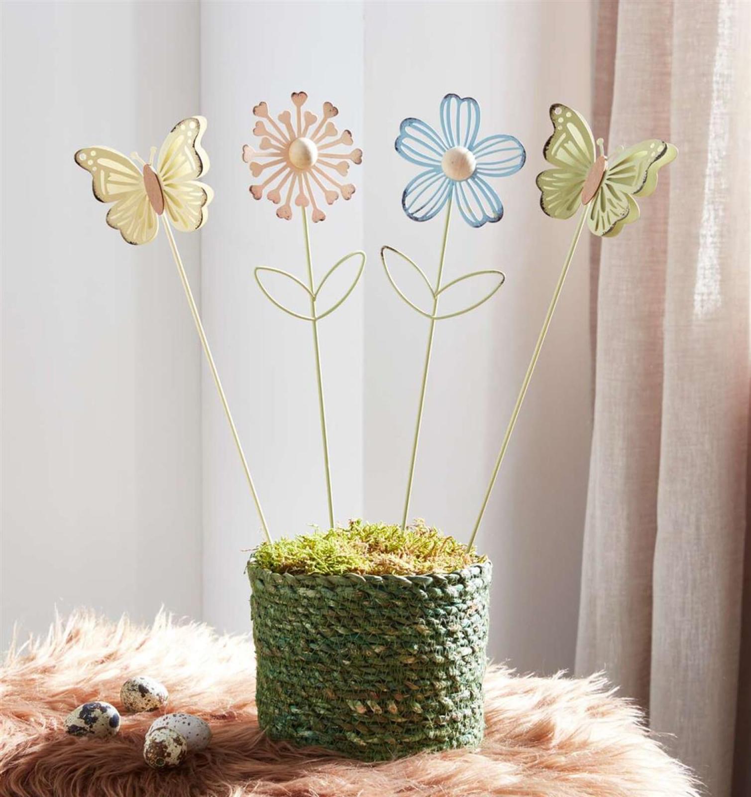 4x Blumenstecker "Blume & Schmetterling" aus Metall, bunt, Dekostecker, Gartenstecker, Deko Stecker für Blumentopf, Beetstecker