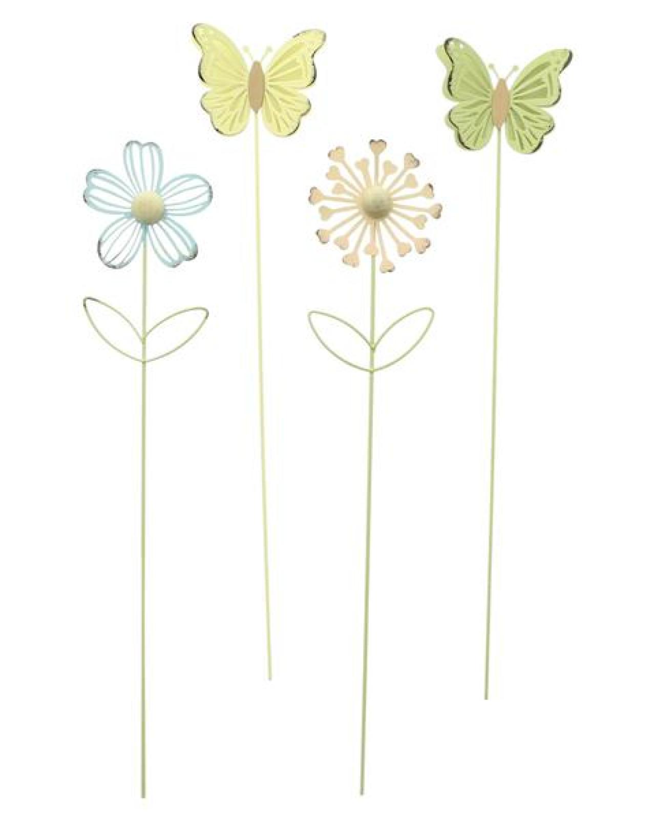 4x Blumenstecker "Blume & Schmetterling" aus Metall, bunt, Dekostecker, Gartenstecker, Deko Stecker für Blumentopf, Beetstecker