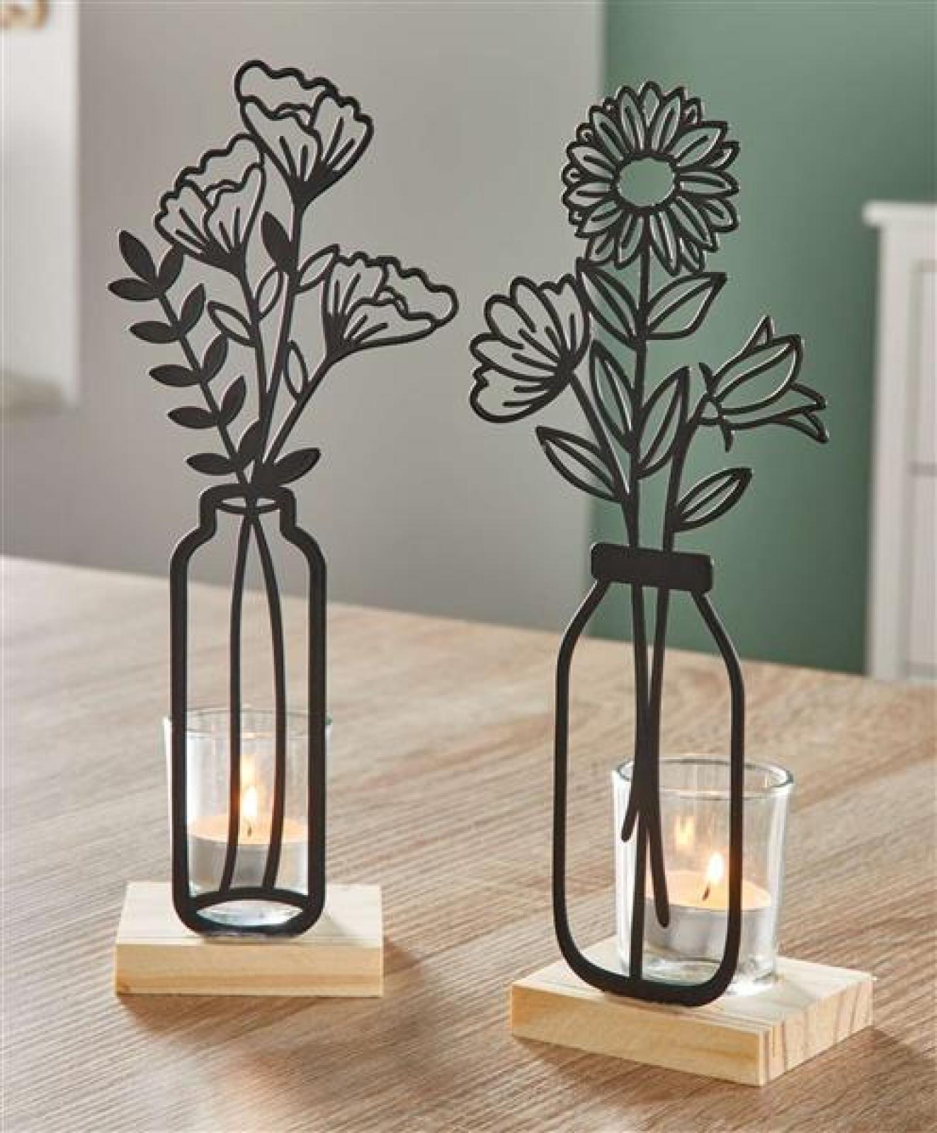 2x Teelichthalter "Metallblumen" matt schwarz, 27 cm hoch, Kerzengläser auf Holz-Sockel, Metall Deko mit Windlicht-Glas, Kerzenständer
