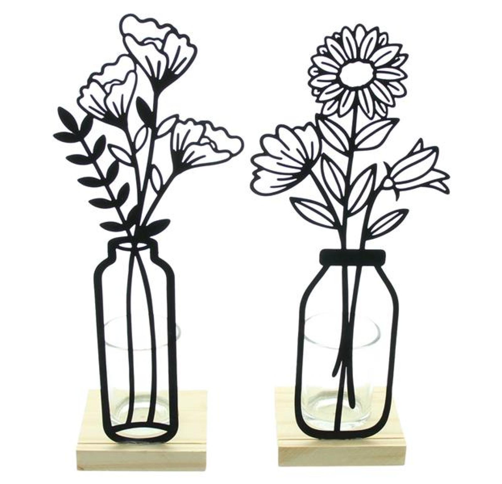 2x Teelichthalter "Metallblumen" matt schwarz, 27 cm hoch, Kerzengläser auf Holz-Sockel, Metall Deko mit Windlicht-Glas, Kerzenständer