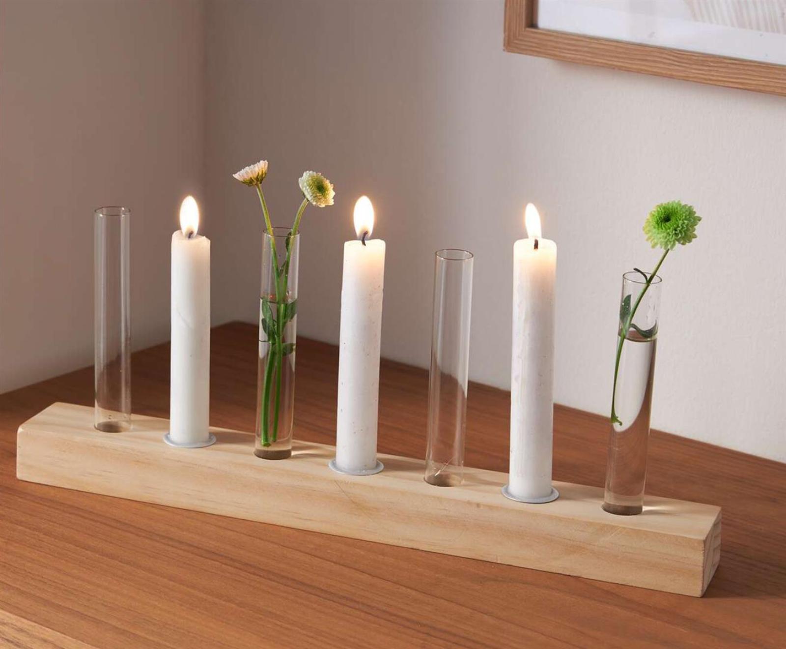 Dekoboard "Minimal" aus Holz mit 4 Glasvasen & 3 Kerzenhaltern, Reagenzglas Vase, Kerzenständer, Lichterboard