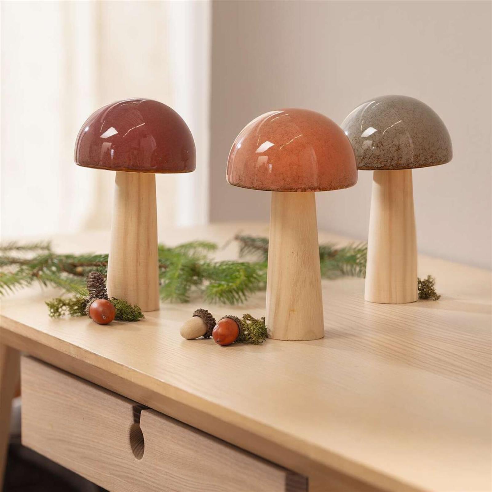 3x Dekofigur "Glossy" aus Porzellan & Holz, große Deko Pilze, 16 cm hoch, Pilzset, Herbstdeko, Pilzdeko