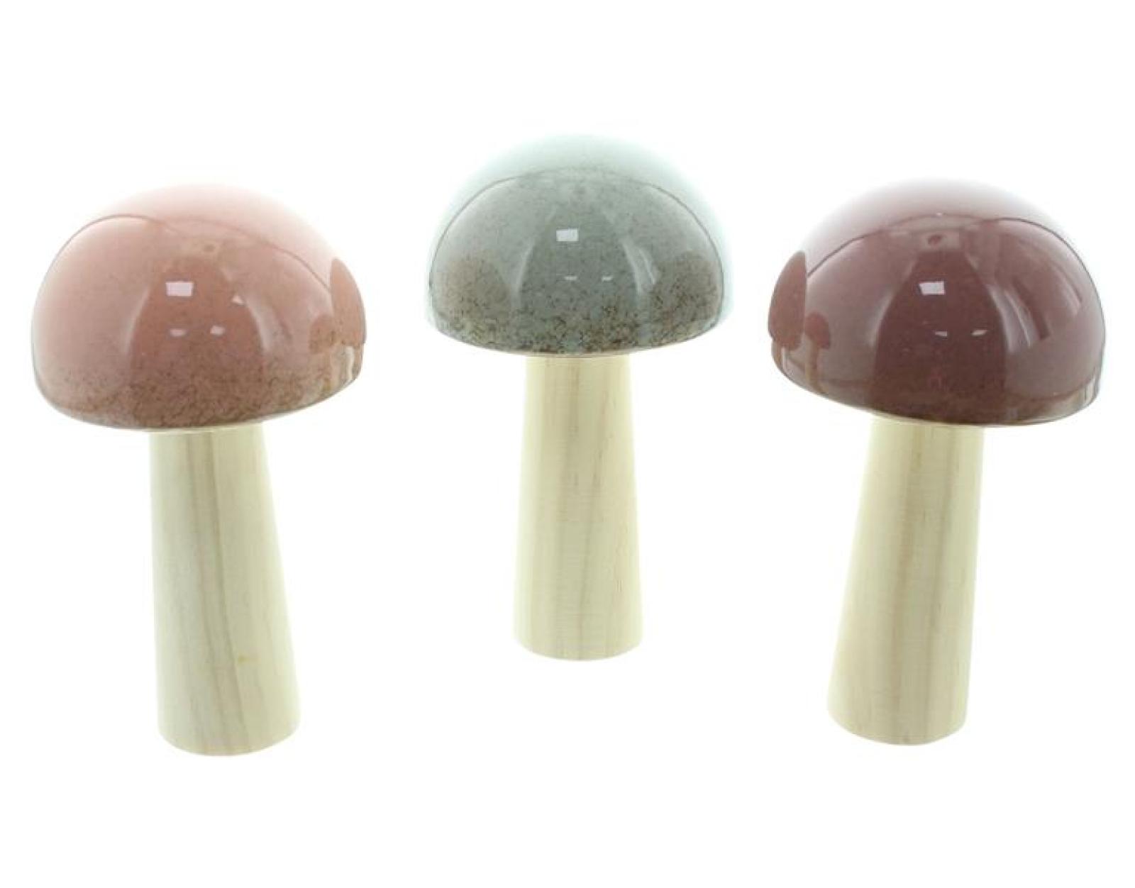 3x Dekofigur "Glossy" aus Porzellan & Holz, große Deko Pilze, 16 cm hoch, Pilzset, Herbstdeko, Pilzdeko
