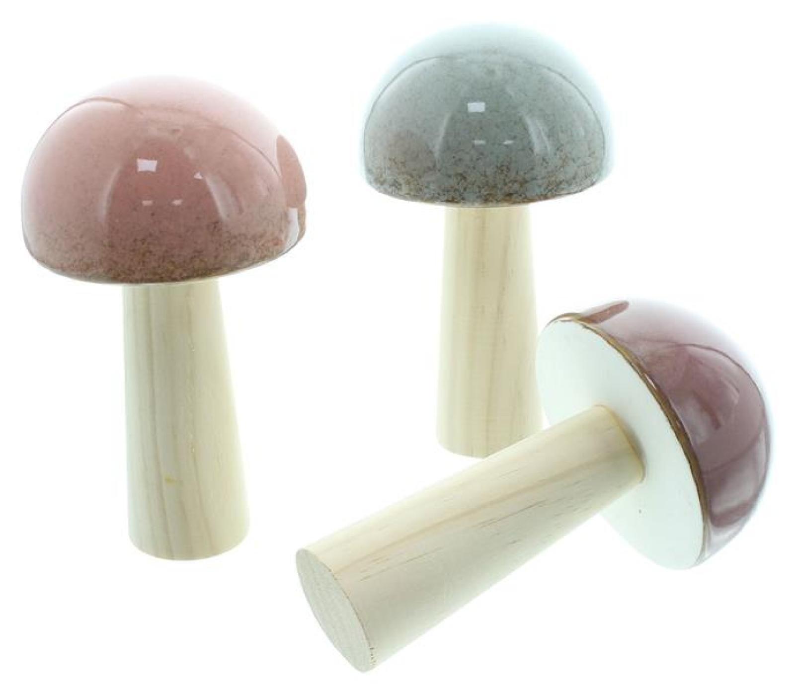 3x Dekofigur "Glossy" aus Porzellan & Holz, große Deko Pilze, 16 cm hoch, Pilzset, Herbstdeko, Pilzdeko