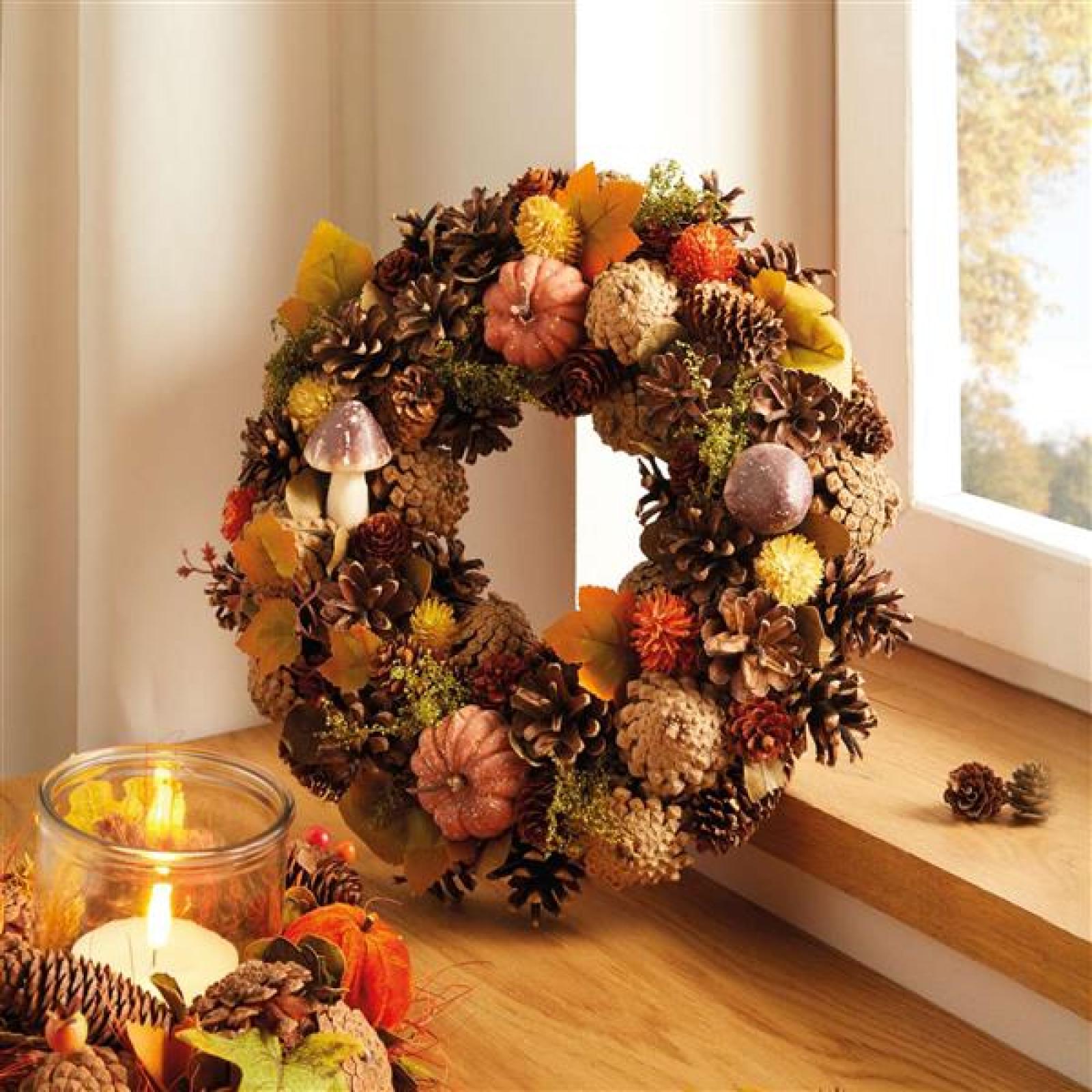 Kranz "bunter Herbst" Ø 32 cm, Herbstkranz mit Kürbissen, Pilzen, Zapfen & Blättern, Türkranz, Wandkranz, Dekokranz, Herbst Deko innen, Tischkranz