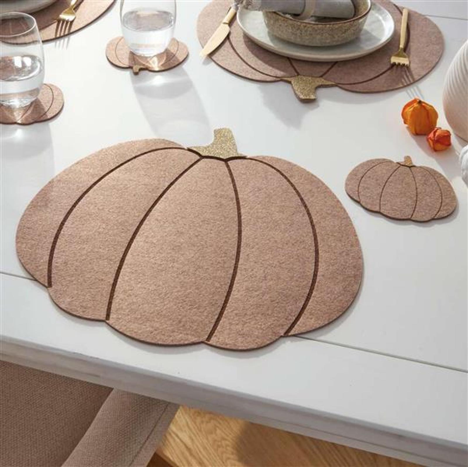 8tlg. Tischset "Kürbis" Platzsets aus Filz, beige, 4 Platzdeckchen + 4 Untersetzer, Herbst Halloween Deko, Tischdeko