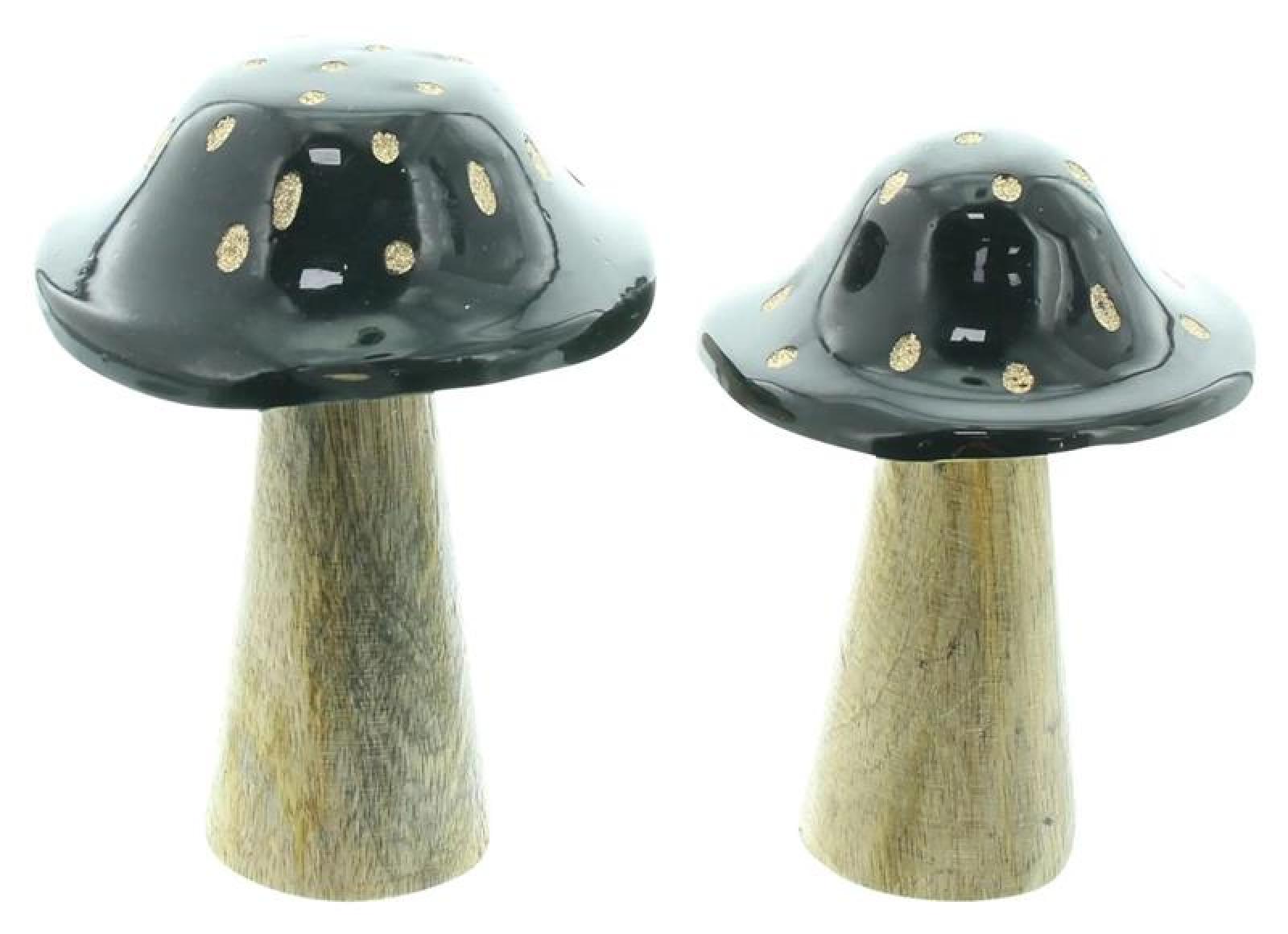 2x Pilz "Black" aus Holz, große Dekopilze, 13 + 16 cm hoch, Dekofigur Pilzset schwarz & gold, Herbstdeko Pilze, Pilzdeko
