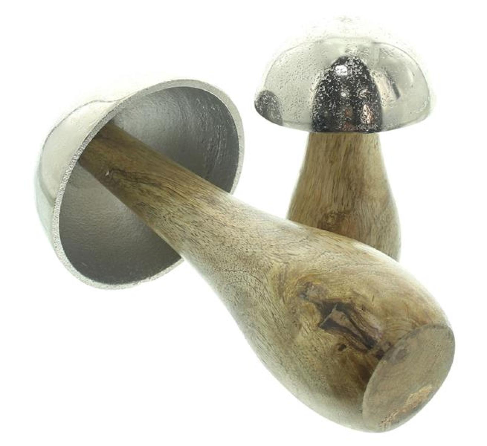 2x Pilz "Mangoholz" aus Holz mit Hut aus Aluminium in Antik Optik, große Dekopilze, 11 + 18 cm hoch, Dekofigur Pilzset silber & natur, Herbstdeko Pilze