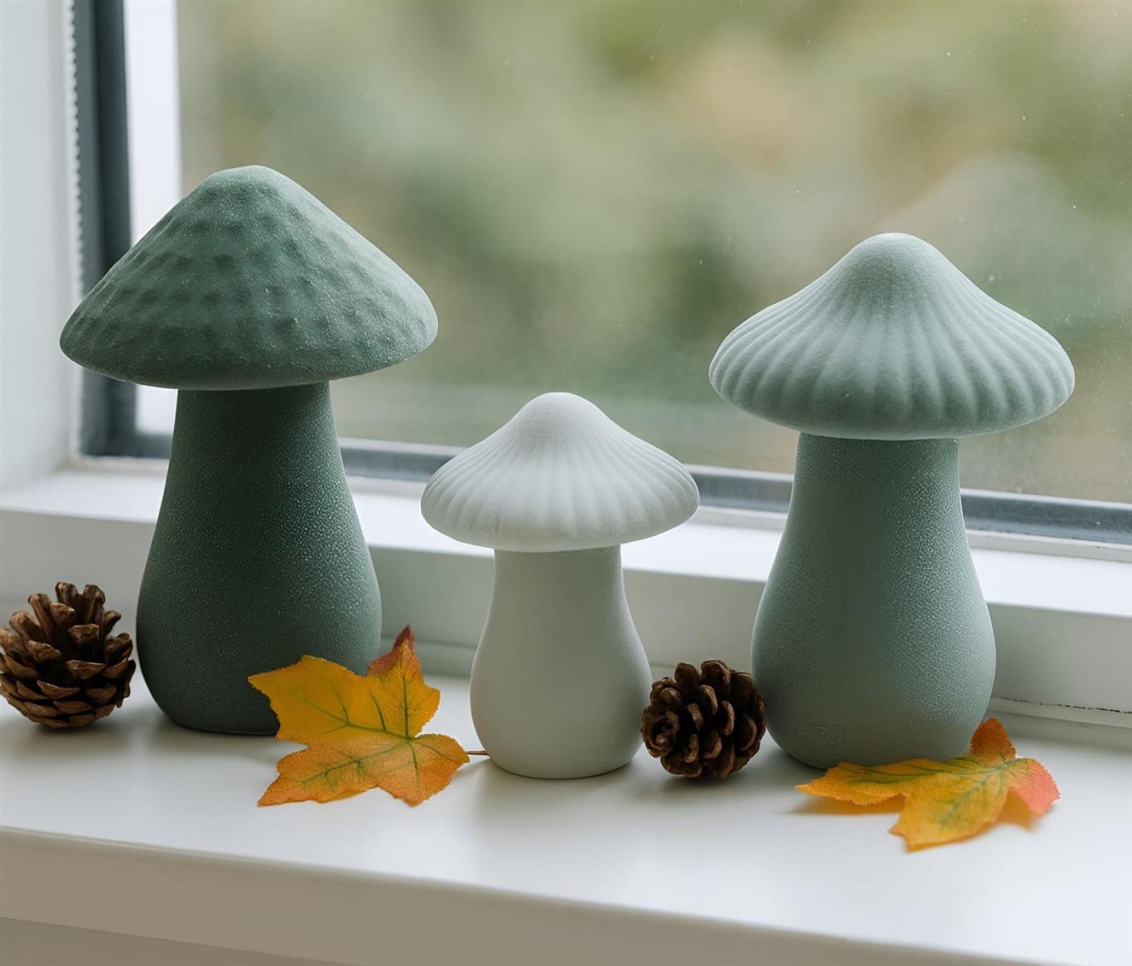 3x Pilz "Grün" aus Porzellan, Herbstdeko 8 + 12 cm hoch, große Dekopilze, Dekofigur Pilzset, Pilze, Pilzdeko