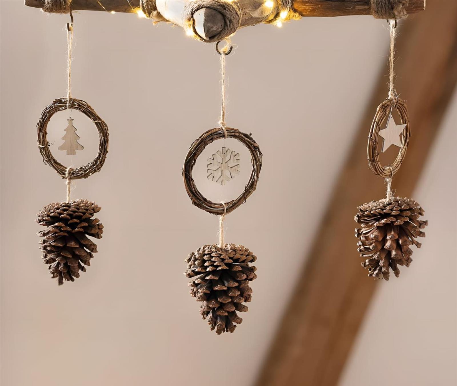 3x Dekohänger "Pinienzapfen" aus Naturmaterialien, Weihnachtsdeko, Weihnachtsbaumschmuck, Christbaumschmuck