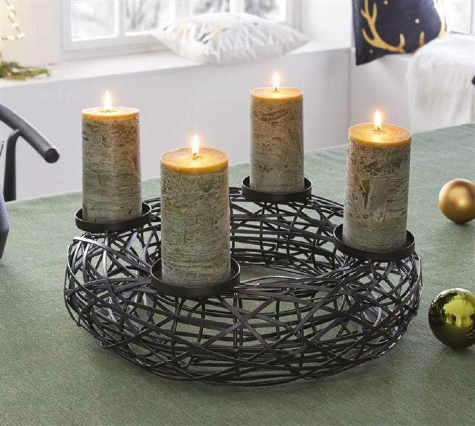 Adventskranz "Black" aus Metall, schwarz, rund, Ø 38 cm, Weihnachtskranz modern, Kerzenständer für 4 Stumpenkerzen