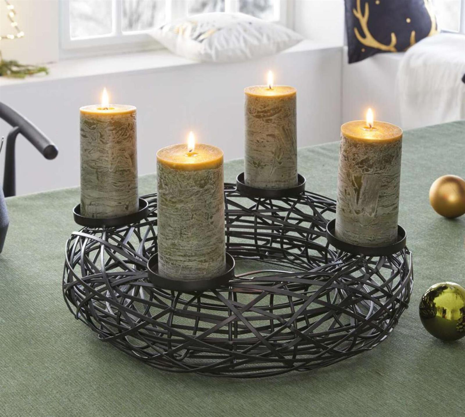 Adventskranz "Black" aus Metall, schwarz, rund, Ø 38 cm, Weihnachtskranz modern, Kerzenständer für 4 Stumpenkerzen