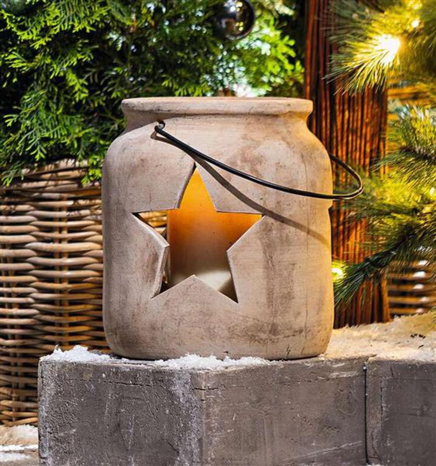 Windlicht "Stern" aus Terracotta, schwer, großer Kerzenhalter Ø 24x26 cm, Hängelaterne, Gartenlaterne