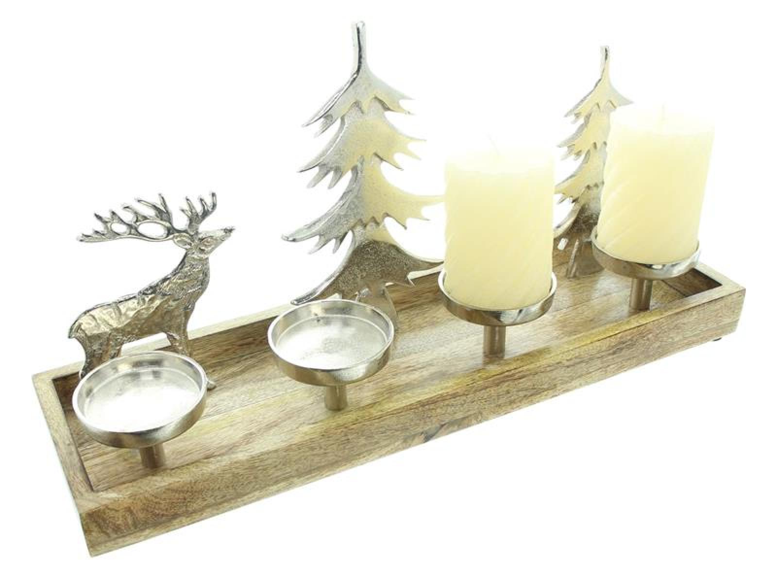 Lichterboard "Rentier & Tannen" aus Mango Holz & Aluminium mit Kerzenständer für 4 Kerzen, Weihnachtsdeko 50 cm breit, Adventskranz