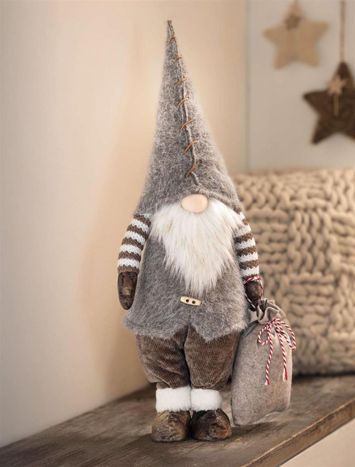 Weihnachtsmann "Wichtel" mit Geschenkesack, 63 cm hoch, grau / braun, Weihnachtswichtel, Dekowichtel, Weihnachtsdeko