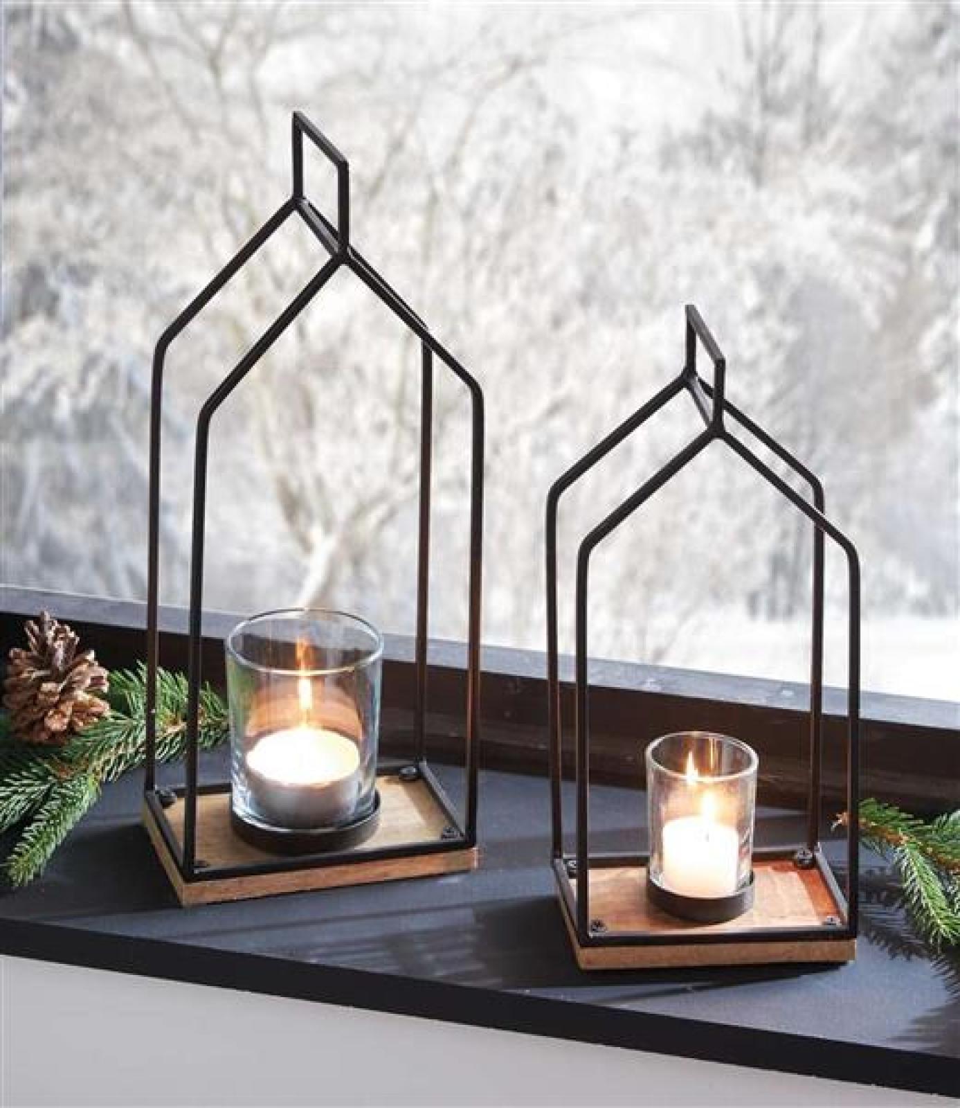 2x Windlicht „Haus“ aus Mango Holz & Metall, schwarz, 29 + 37 cm hoch, Laternen mit Kerzengläser, Kerzenständer