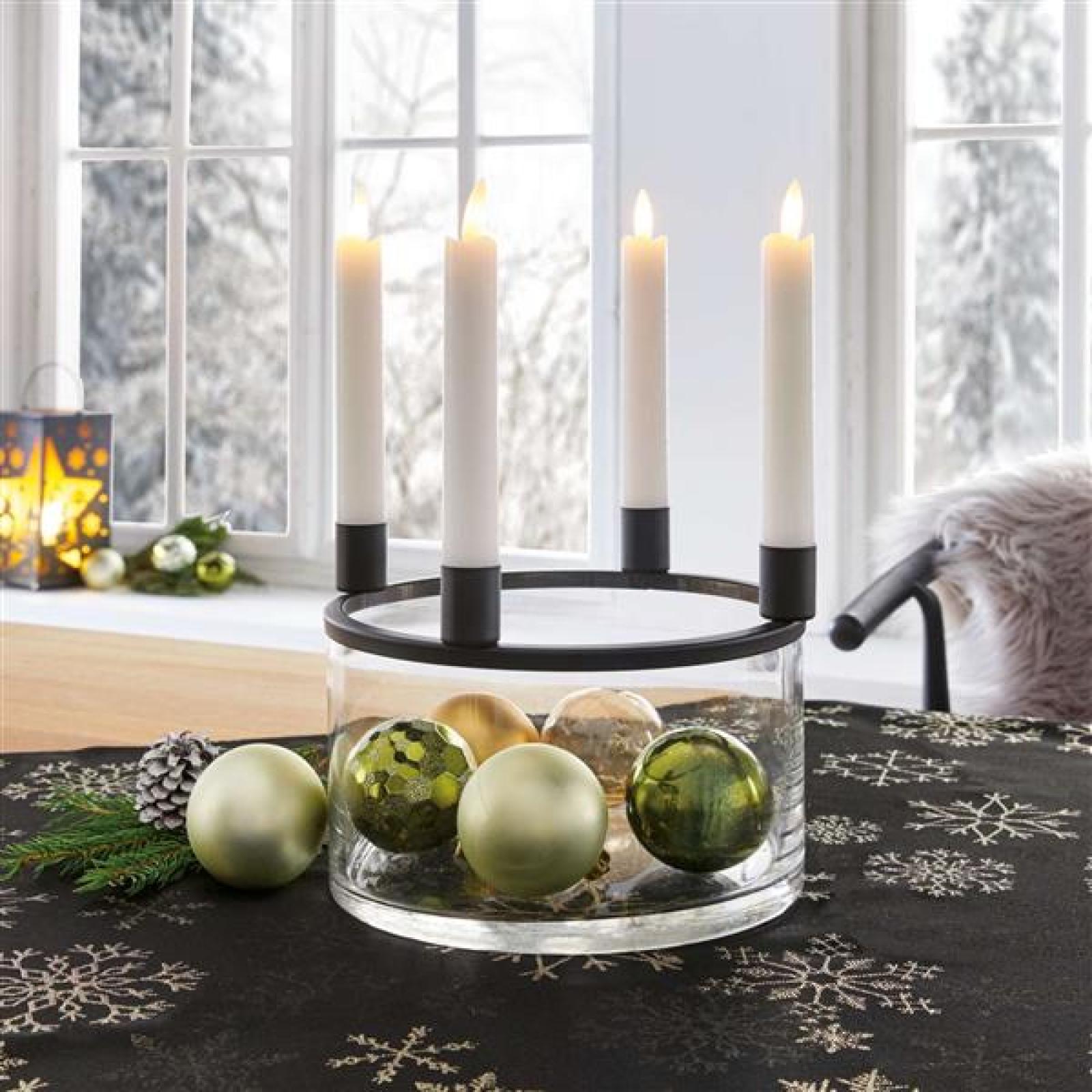 Schale "Klar" aus Glas mit Kerzenständer für 4 Stabkerzen, Adventskranz, Dekoschale mit Metallkranz, Obstschale, Glasschale