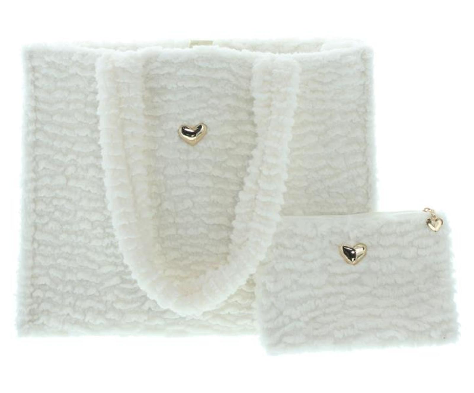Tasche + Kosmetiktasche "Kuschelweich" in offwhite, Damen Handtasche mittelgroß, weiß, Henkeltasche, Schultertasche, Taschenset