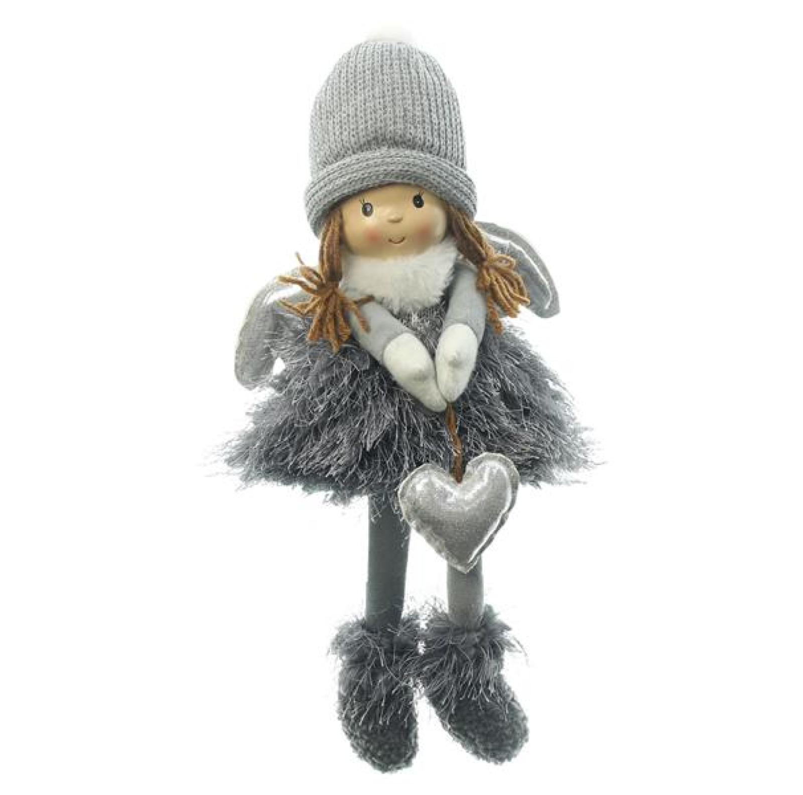 Kantenhocker "Engelchen" aus Textil, 40 cm hoch, Weihnachtsdeko Engel, Winter Deko-Figur in grau & weiß, Kantensitzer