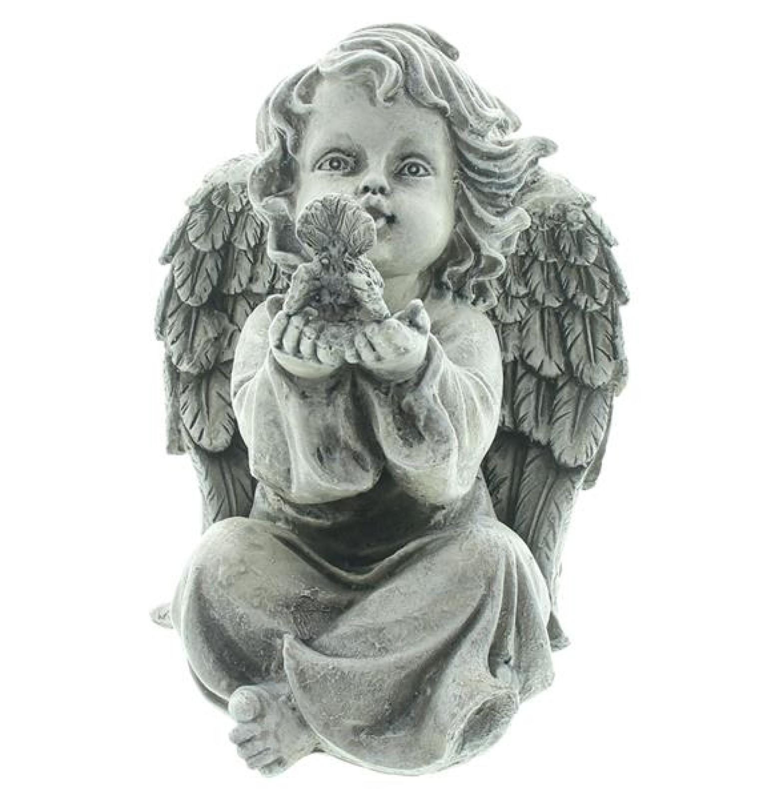 Figur "Engel" aus Polyresin, wetterfest, Engelfigur sitzend, 20 cm hoch, Weihnachtsdeko, Outdoor Gartendeko, Grabschmuck