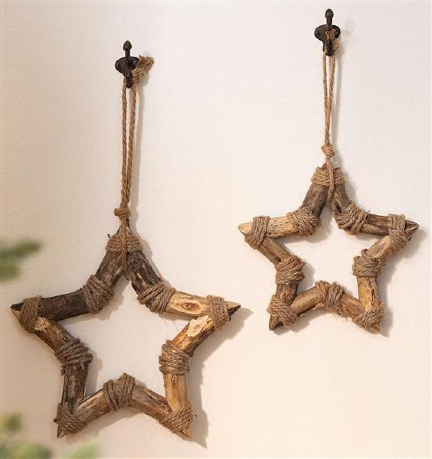 2x Dekohänger Stern "Shabby-Chic" aus recyceltem Holz & Jute, Ø 26 + 33 cm groß, Hänger Weihnachten, Weihnachtsbaumschmuck, Weihnachtsdeko