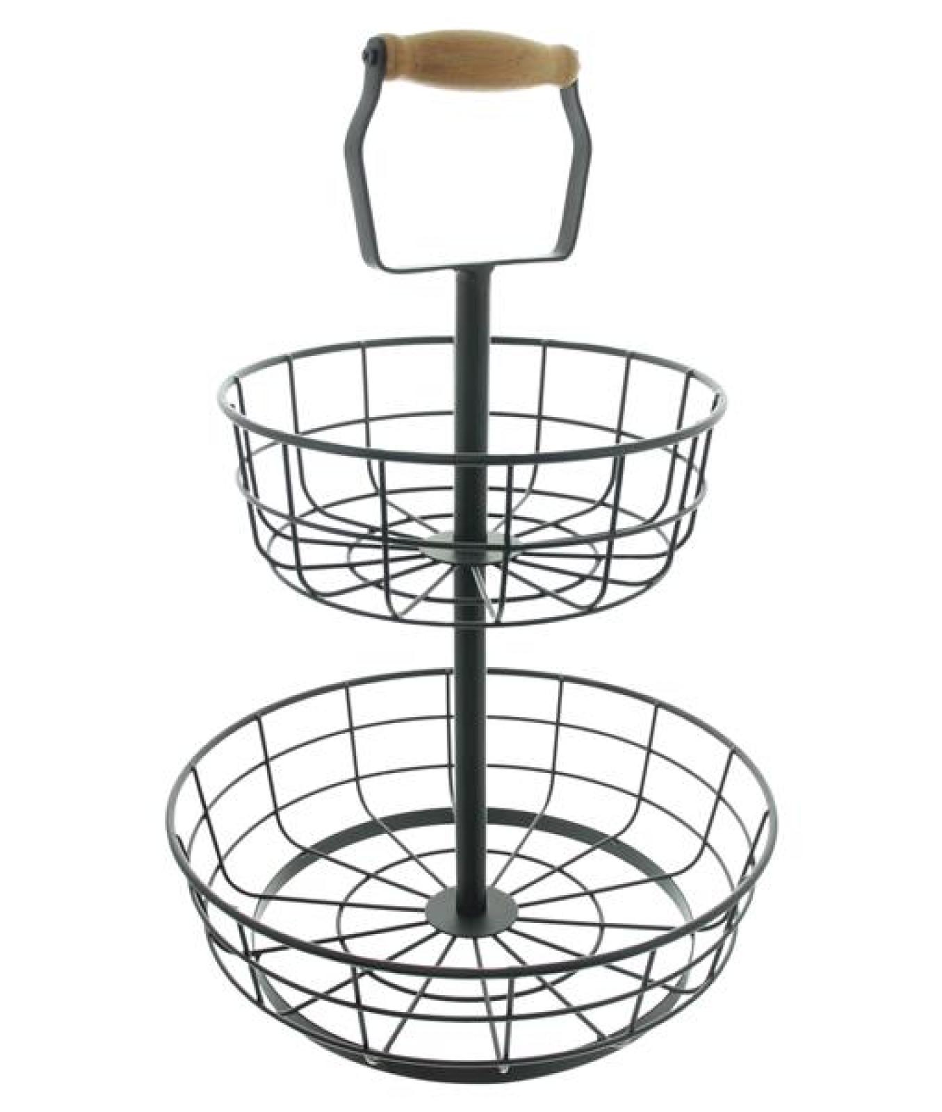 Etagere "Modern" aus Metall, matt schwarz, 2 Etagen, Obstetagere mit Griff, Obstkorb, Obstschale