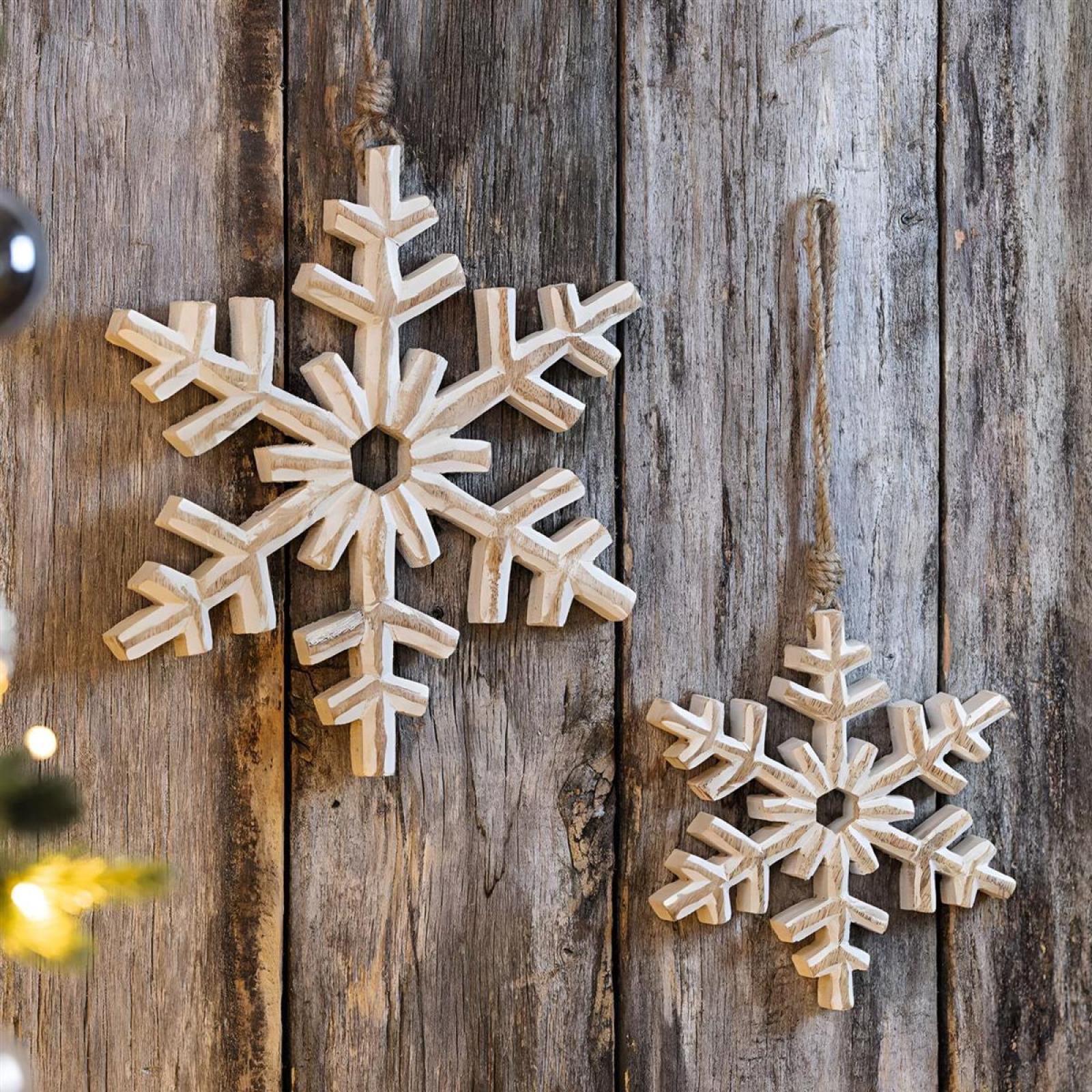2x Dekohänger "Schneeflocke" aus Mango Holz, weiß gekalkt, Ø 16 + 22 cm, Weihnachtsbaumschmuck, Weihnachtsdeko