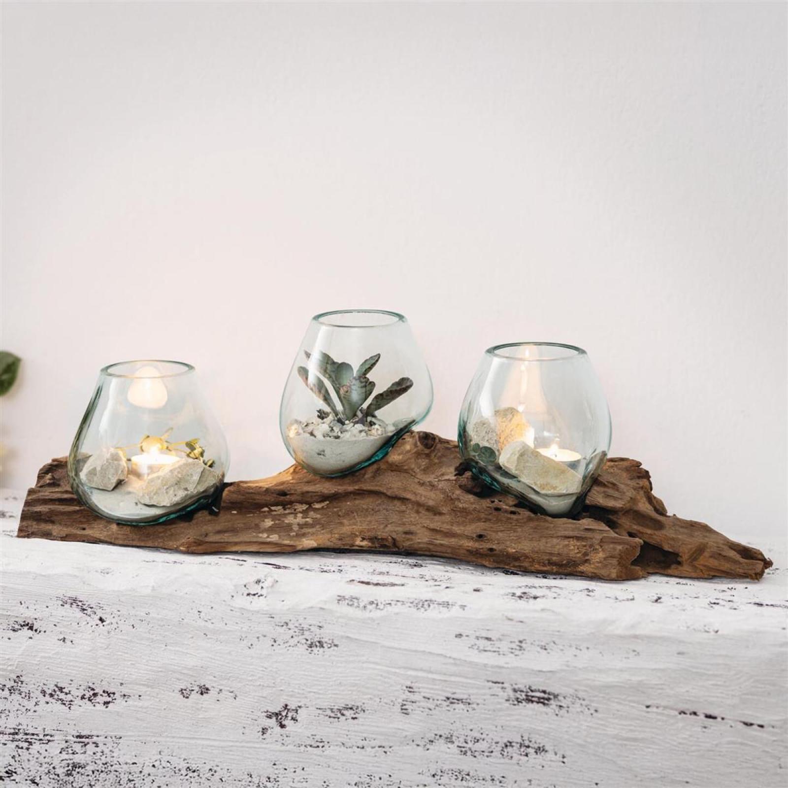Wandvase "Wurzelholz" Wandboard mit 3 Glasvasen, 56 cm lang, Handarbeit von Bali, Unikat, Wand-Windlicht, Teelichthalter