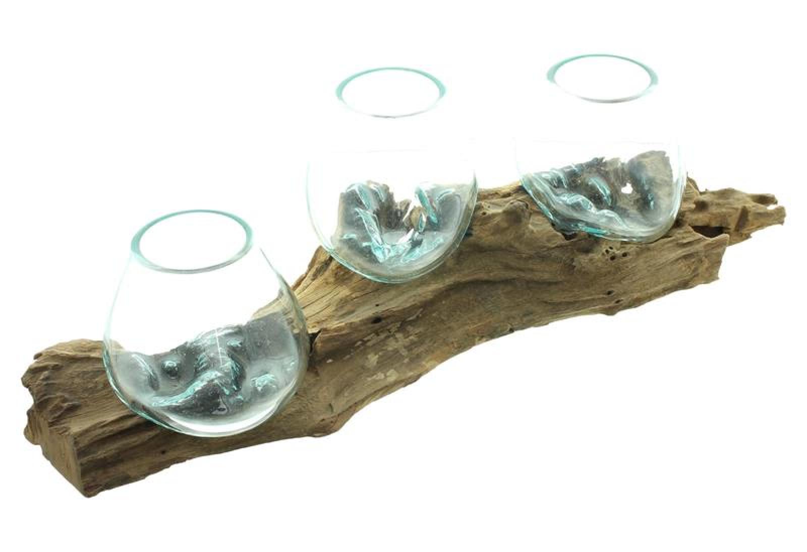 Wandvase "Wurzelholz" Wandboard mit 3 Glasvasen, 56 cm lang, Handarbeit von Bali, Unikat, Wand-Windlicht, Teelichthalter