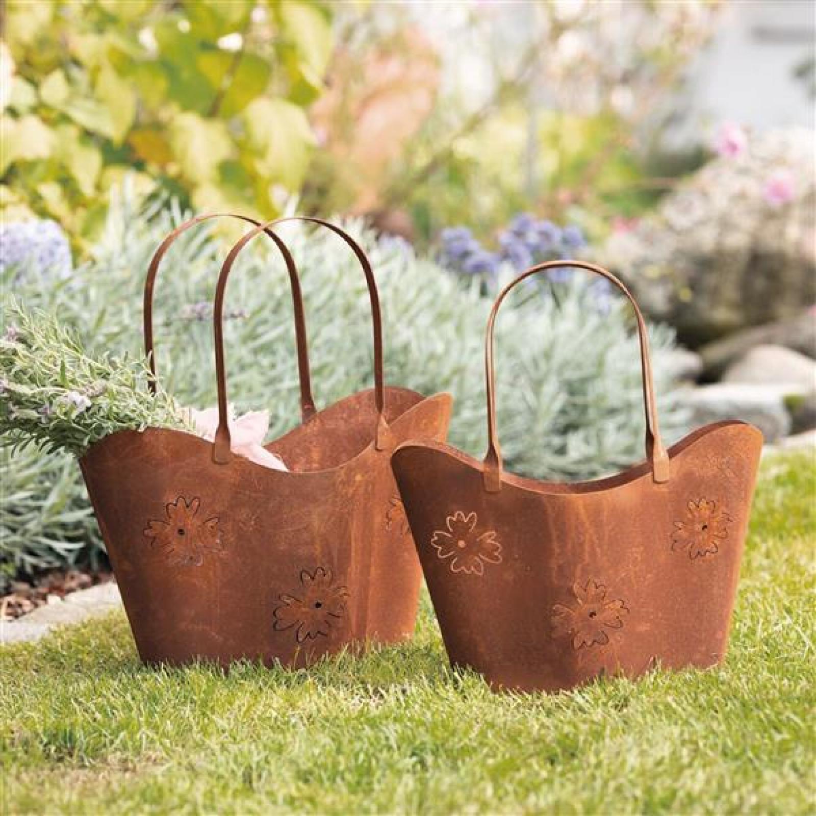 2x Pflanzer "Tasche" aus Metall mit Rost Finish, Pflanztopf in Taschenform, Pflanzgefäß, Gartendeko für Draußen, Pflanztasche