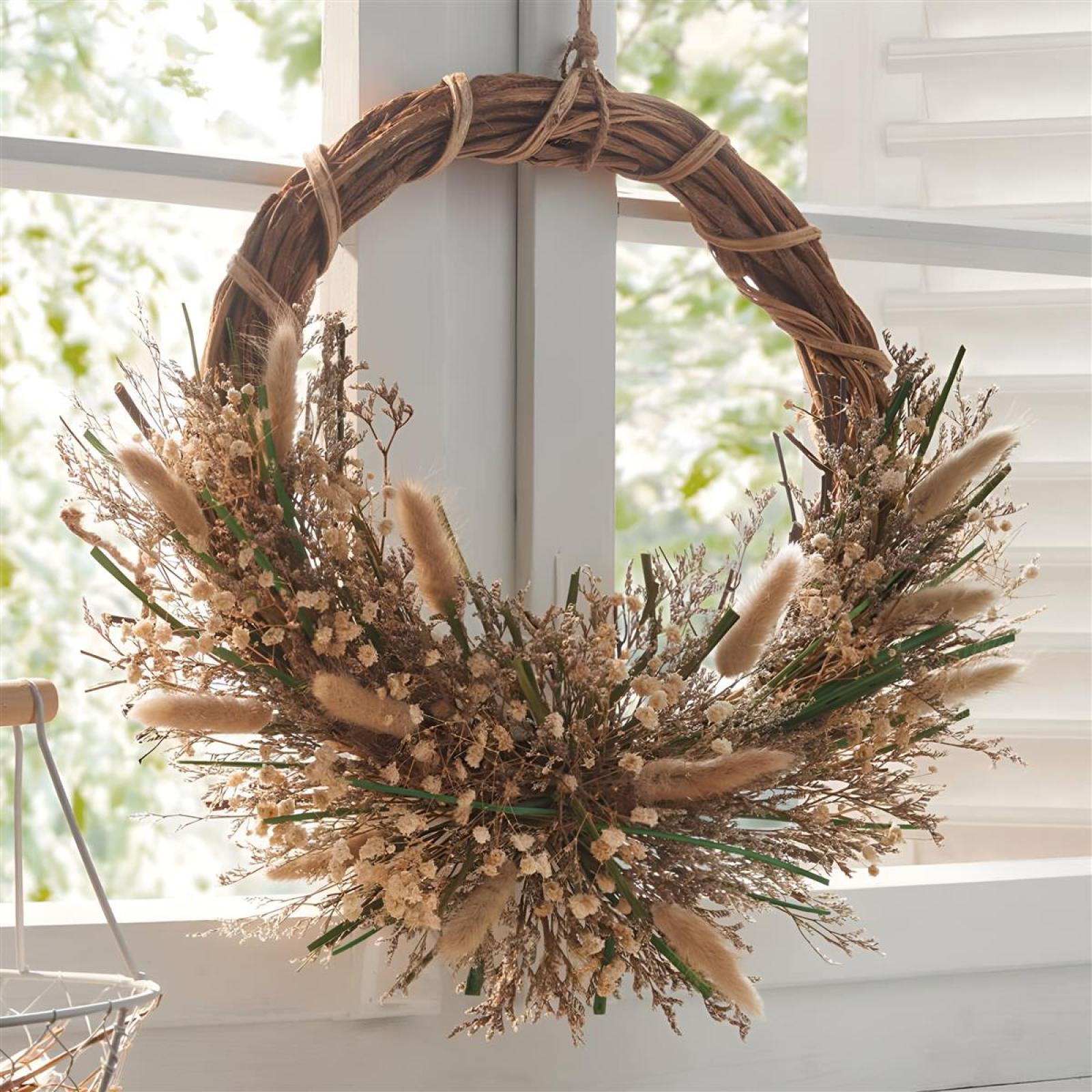 großer Kranz "Trockenblumen" aus Rattan, Blumen & Gräser, Dekokranz Ø 40 cm, Rattankranz, Wandkranz, Türkranz