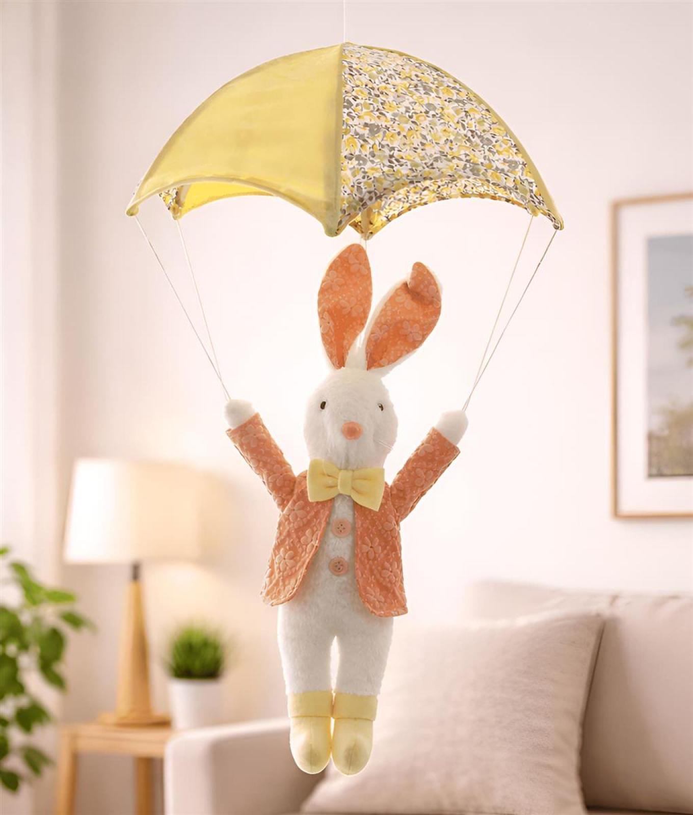 Hase "Fallschirmspringer" Dekofigur für Ostern, 65 cm hoch, Osterhase hängend, Hängedeko, Osterdeko zum Aufhängen