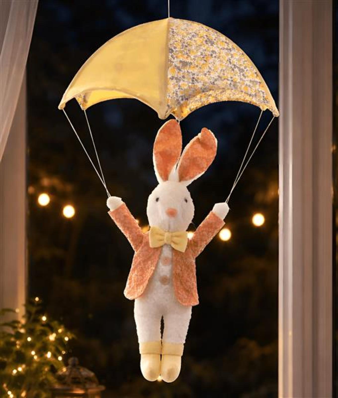 Hase "Fallschirmspringer" Dekofigur für Ostern, 65 cm hoch, Osterhase hängend, Hängedeko, Osterdeko zum Aufhängen
