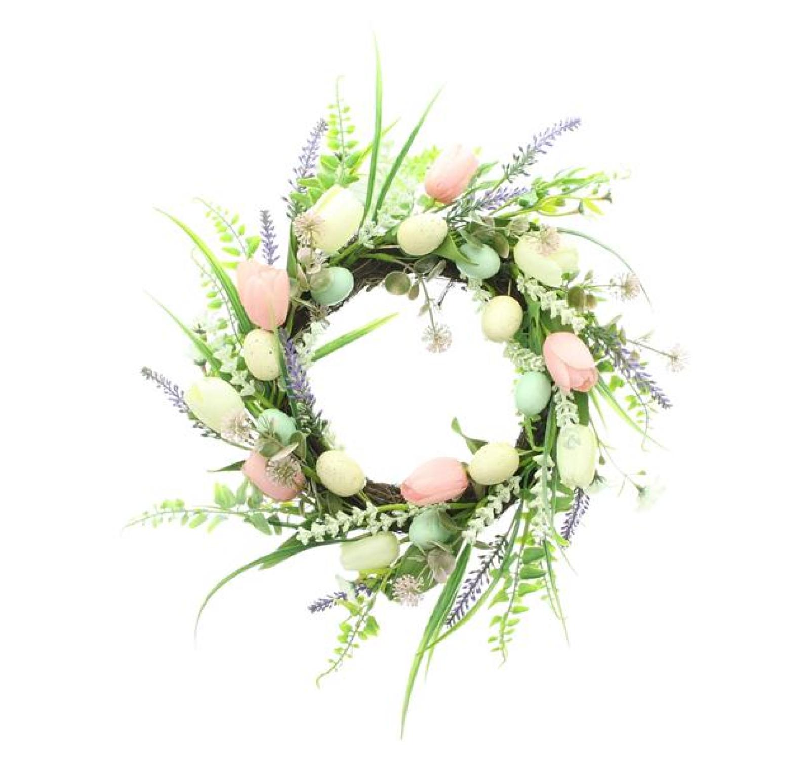 Osterkranz "Tulpenliebe" aus Rattan, Kunstblumen & Kunststoff Eiern, Ø 45 cm groß, Frühlingskranz, Türkranz Frühling & Ostern