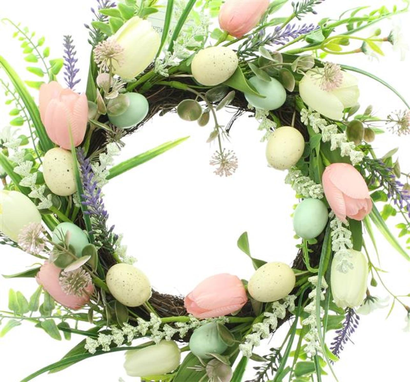 Osterkranz "Tulpenliebe" aus Rattan, Kunstblumen & Kunststoff Eiern, Ø 45 cm groß, Frühlingskranz, Türkranz Frühling & Ostern