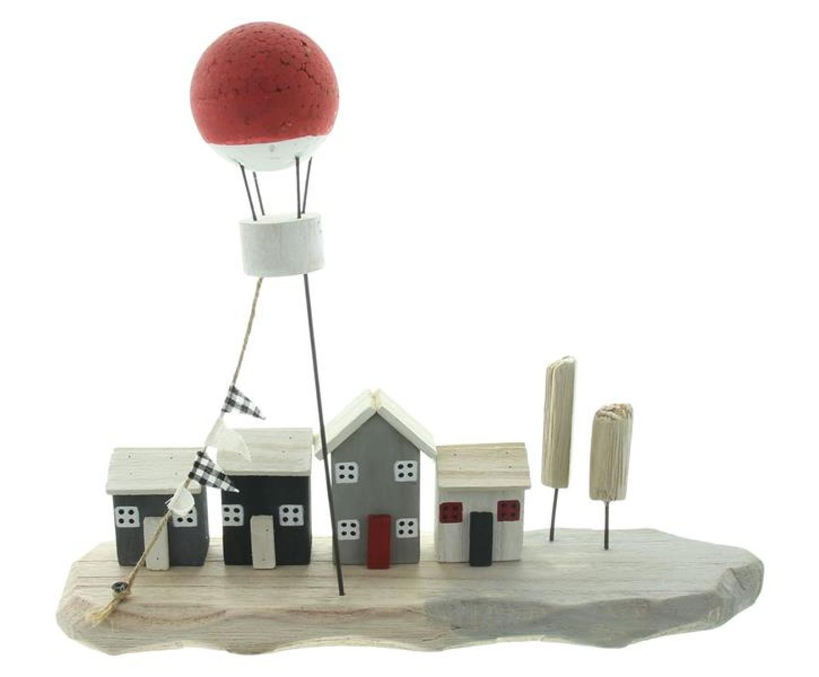 Dekoobjekt "Promenade" aus Holz mit Heißluftballon, maritime Sommerdeko in natur grau weiß, Holzdeko