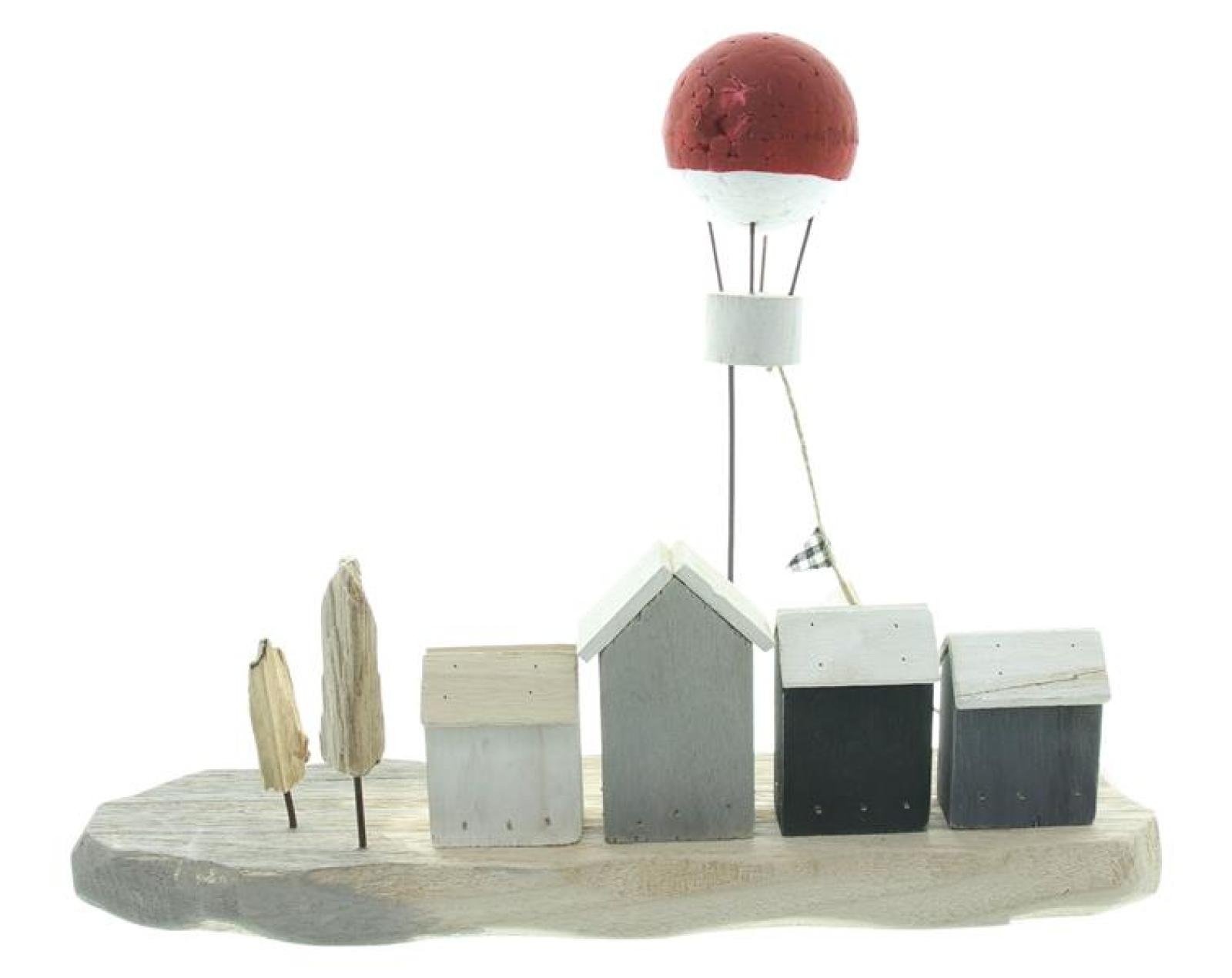 Dekoobjekt "Promenade" aus Holz mit Heißluftballon, maritime Sommerdeko in natur grau weiß, Holzdeko
