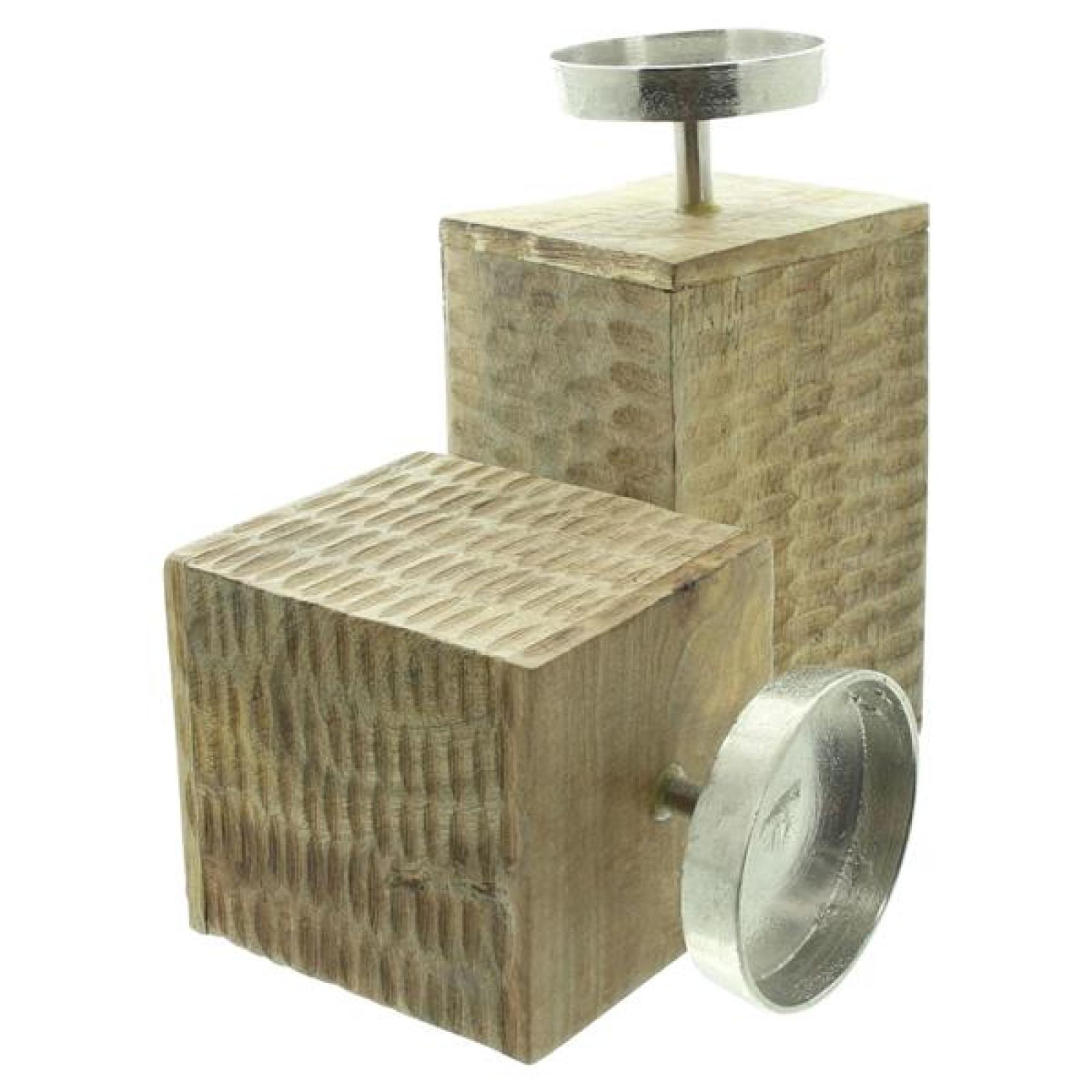 2x Kerzenständer "Holzblock" aus Mango Holz für Stumpenkerzen, Kerzenhalter 14 + 19 cm hoch, Kerzensäule, Holzsäule