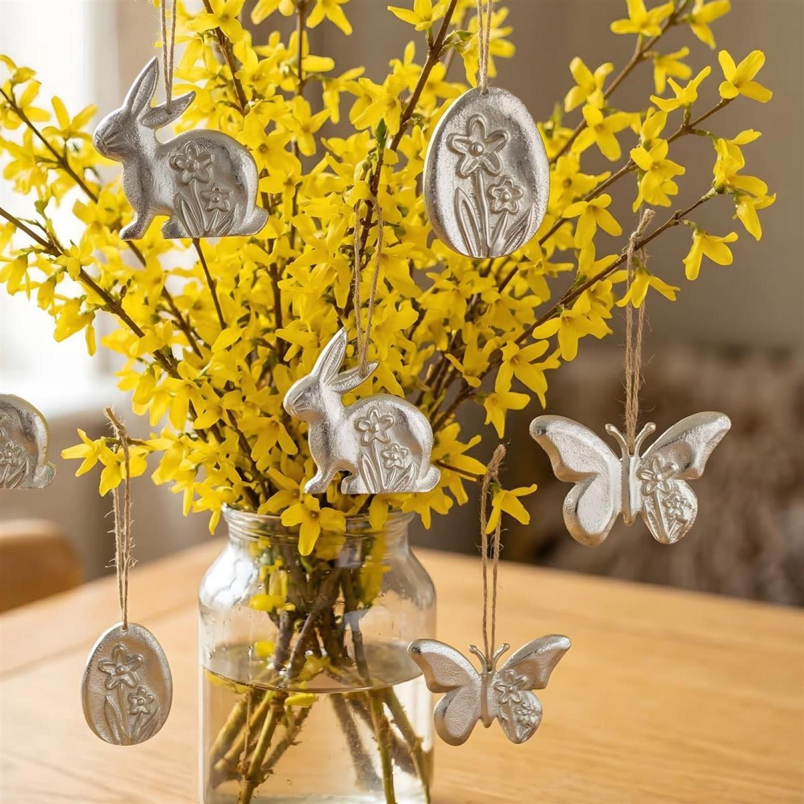 Dekohänger "Ostern" im 6er Set aus Aluminium, silber mit Antik Finish, Hängedeko Frühling, Osterdeko Osterstrauch