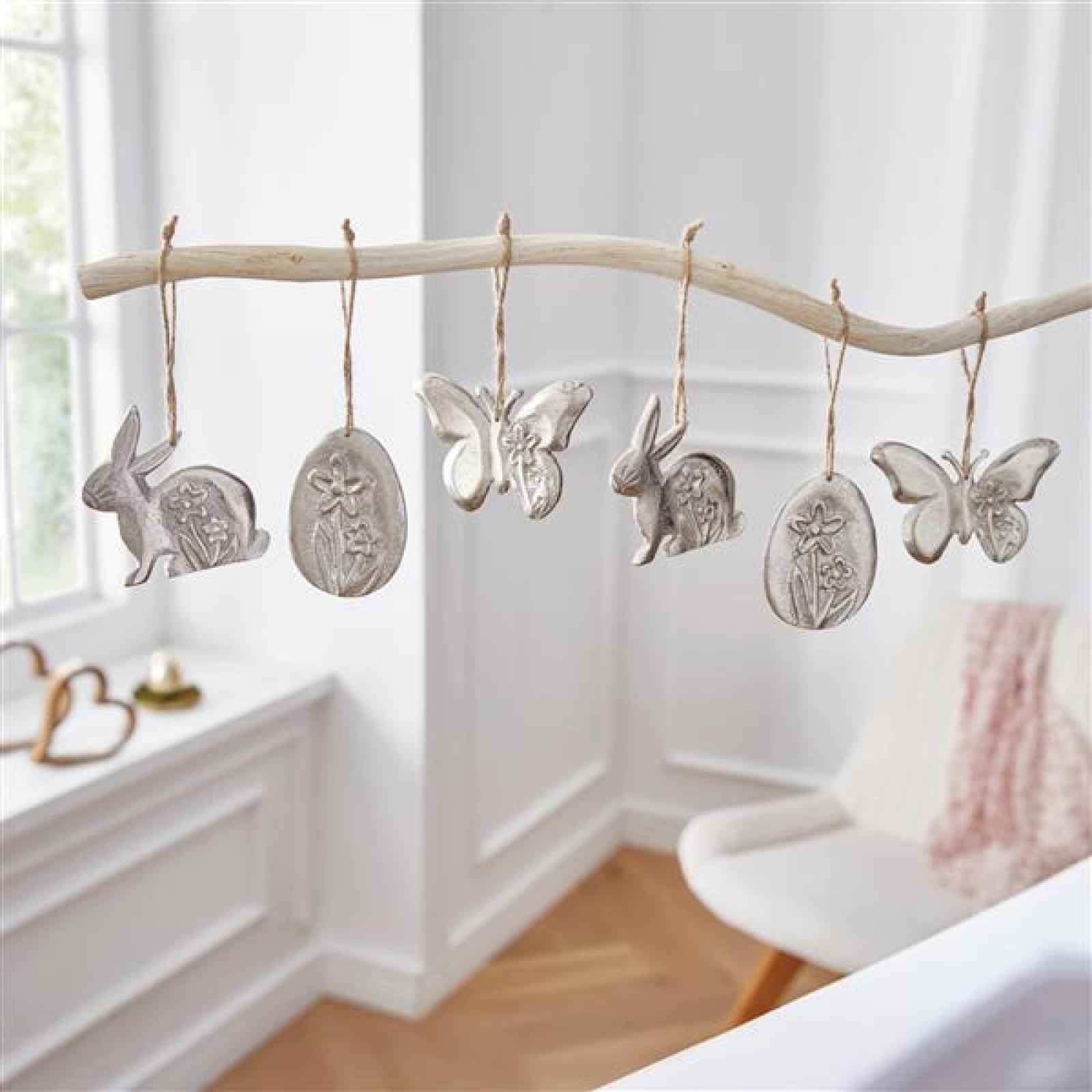 Dekohänger "Ostern" im 6er Set aus Aluminium, silber mit Antik Finish, Hängedeko Frühling, Osterdeko Osterstrauch