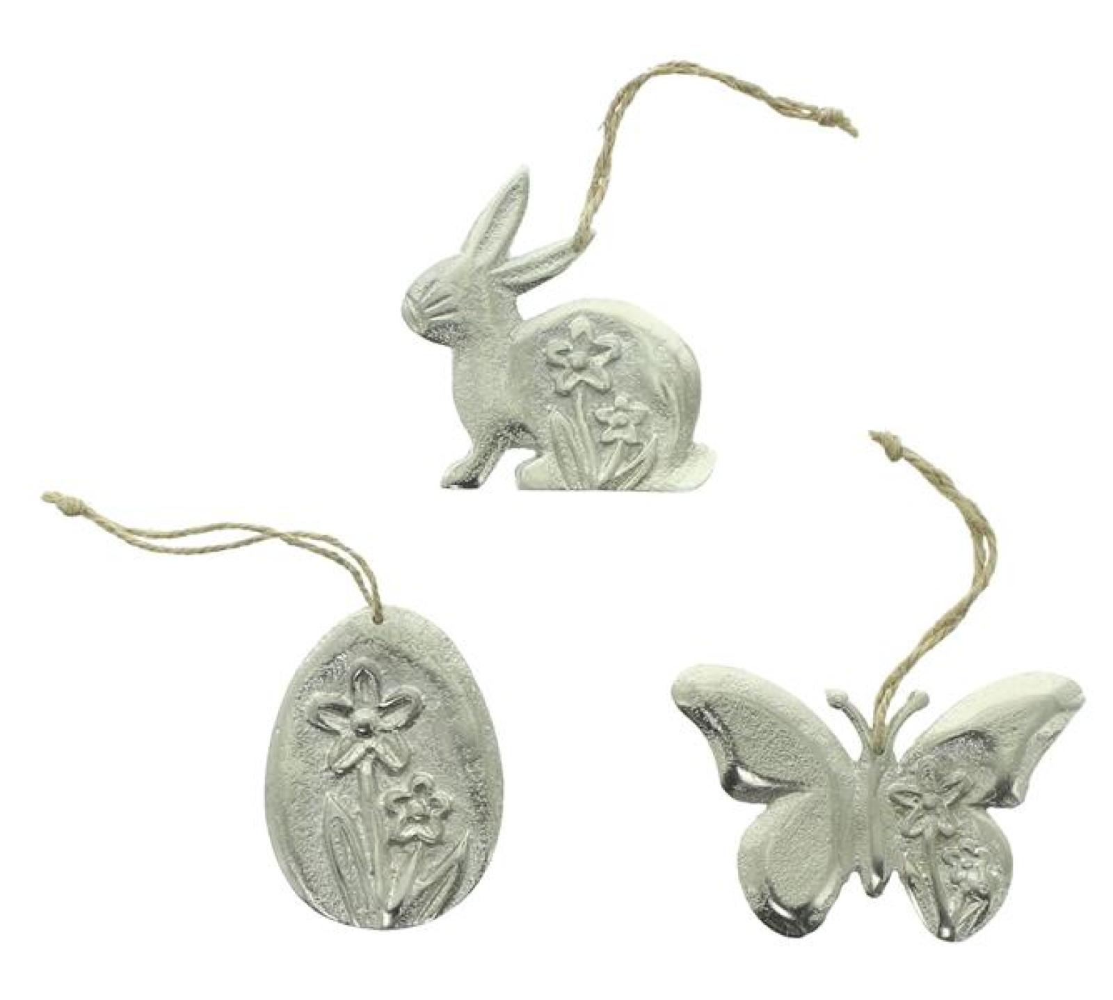 Dekohänger "Ostern" im 6er Set aus Aluminium, silber mit Antik Finish, Hängedeko Frühling, Osterdeko Osterstrauch